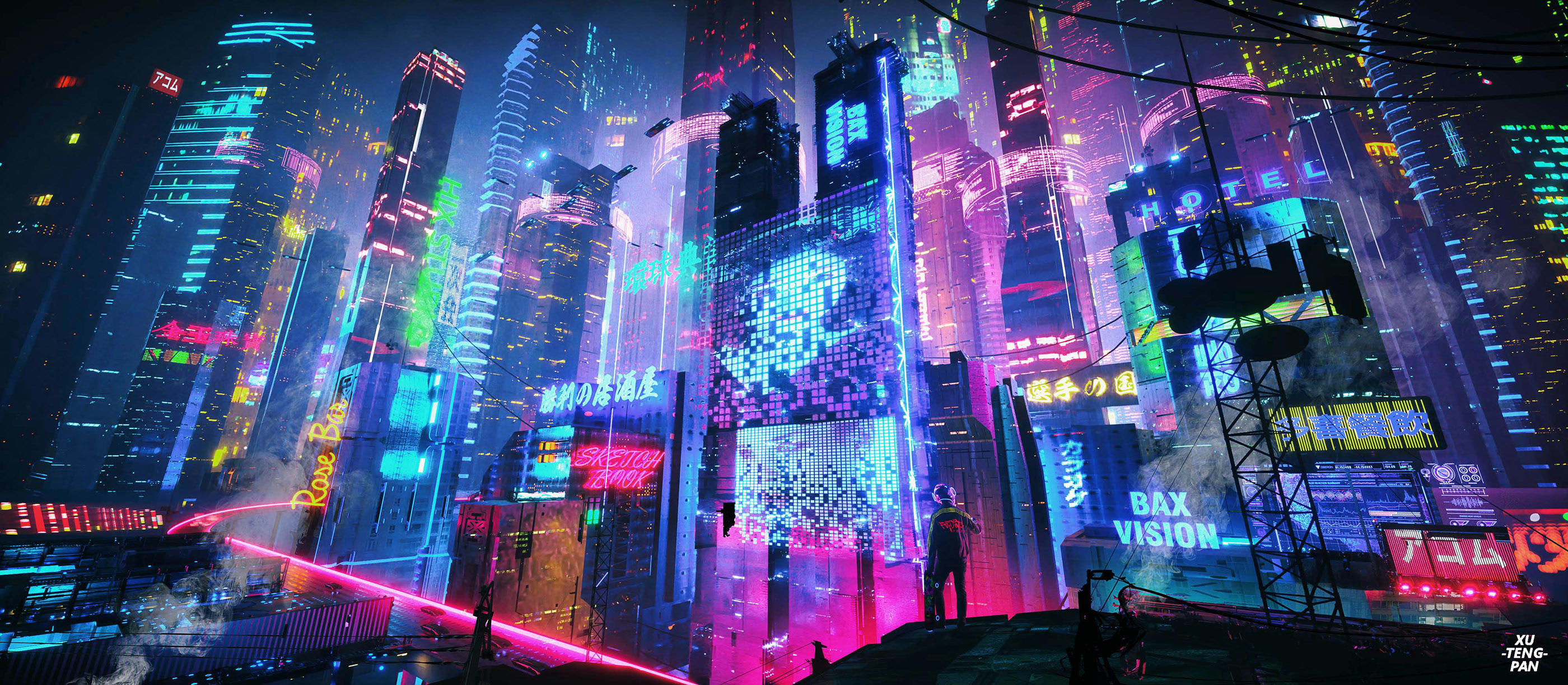 Xuteng Pan Digital Digital Art Artwork Illustration Cityscape Skyscraper Cyberpunk City Night Neon N 2800x1225