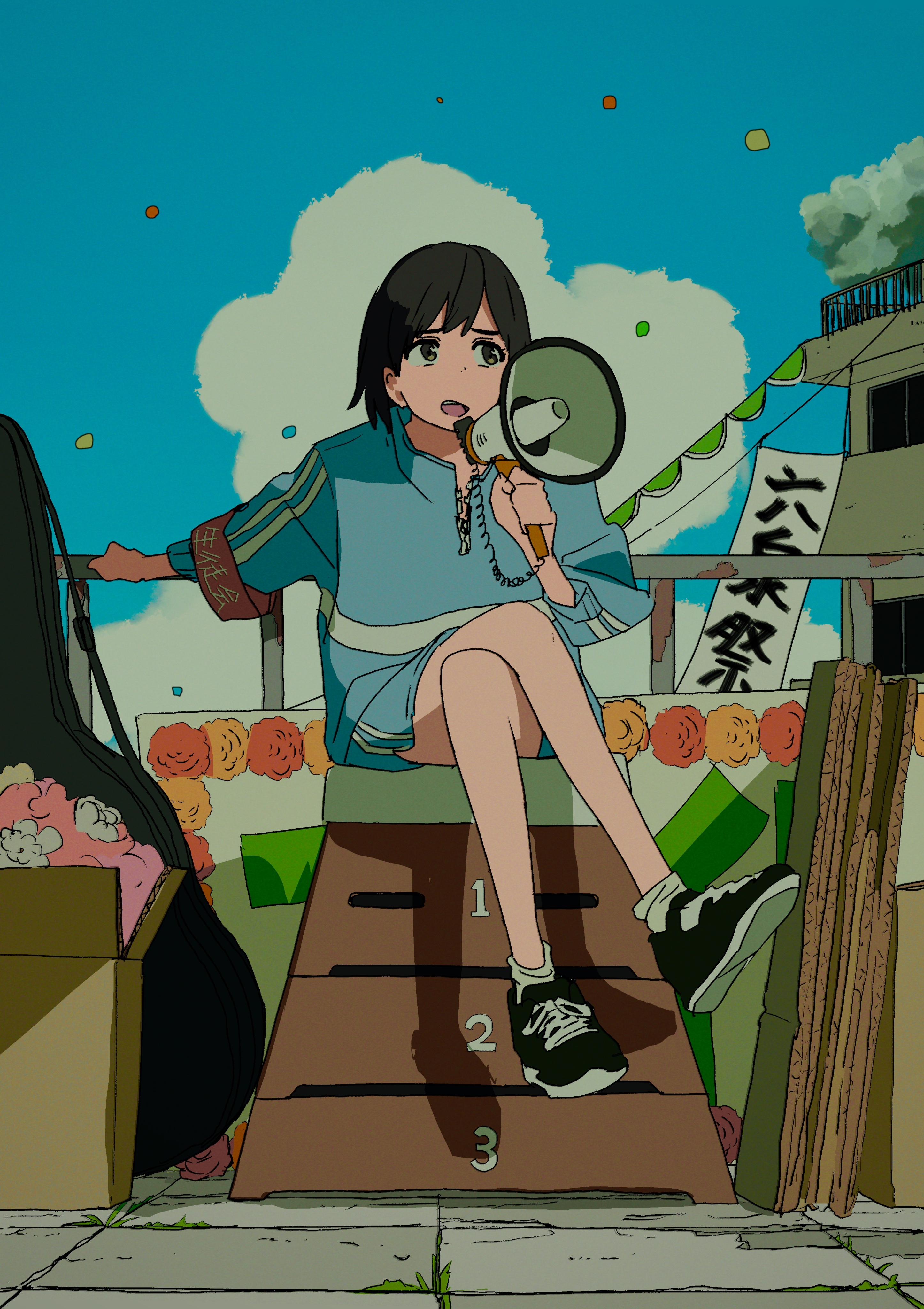 Anime Komugiko2000 Anime Girls Portrait Display Legs Crossed Microphone Sky Confetti Short Hair Look 2892x4096
