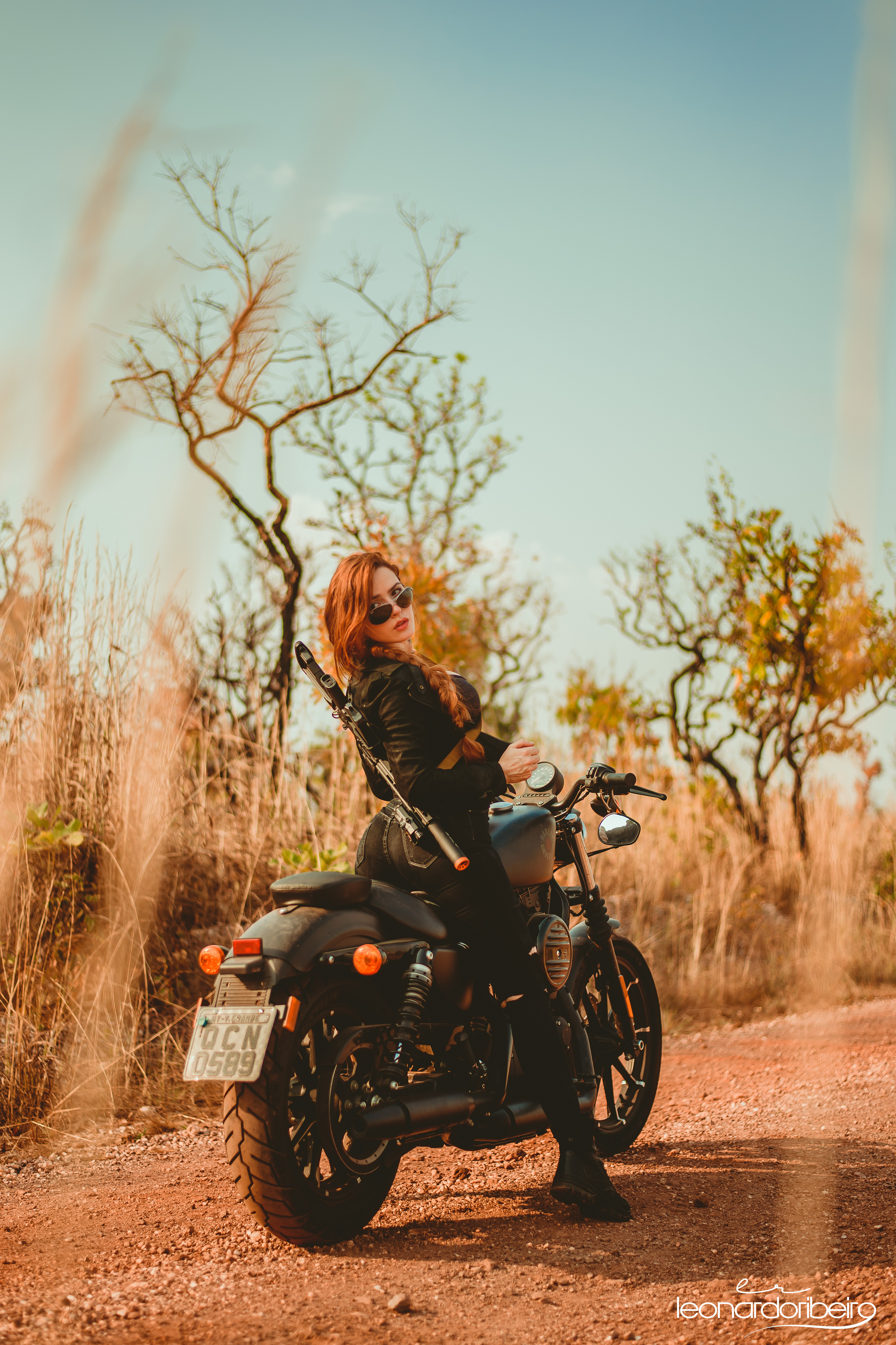 Leonardo Ribeiro Women Model Redhead Black Clothing Jeans Weapon Motorcycle Women With Motorcycles W 2800x4202