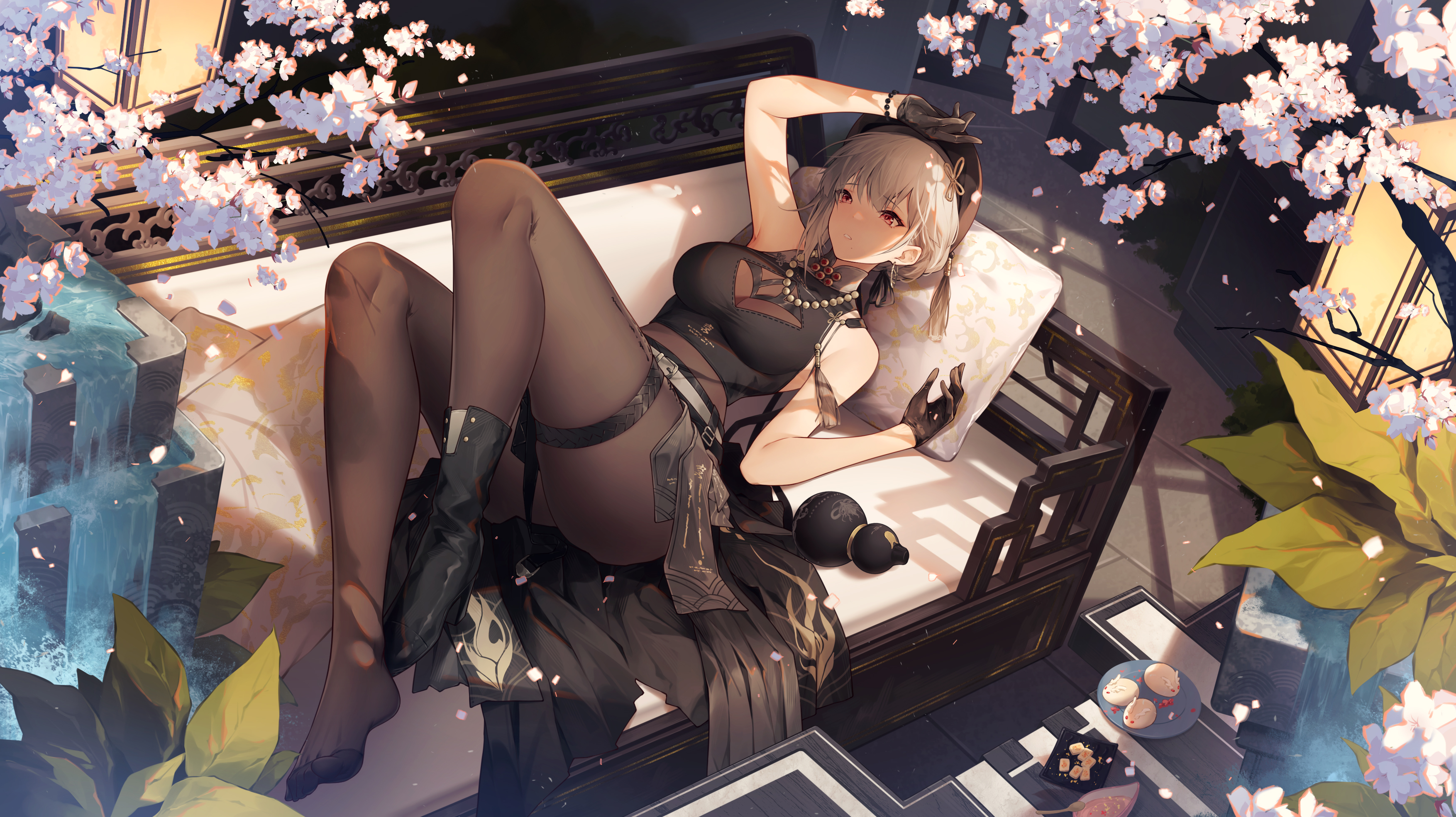 Anime Anime Girls Lying Down Lying On Back Gloves Leaves Flowers Pearl Necklace Couch Petals Water M 3508x1970