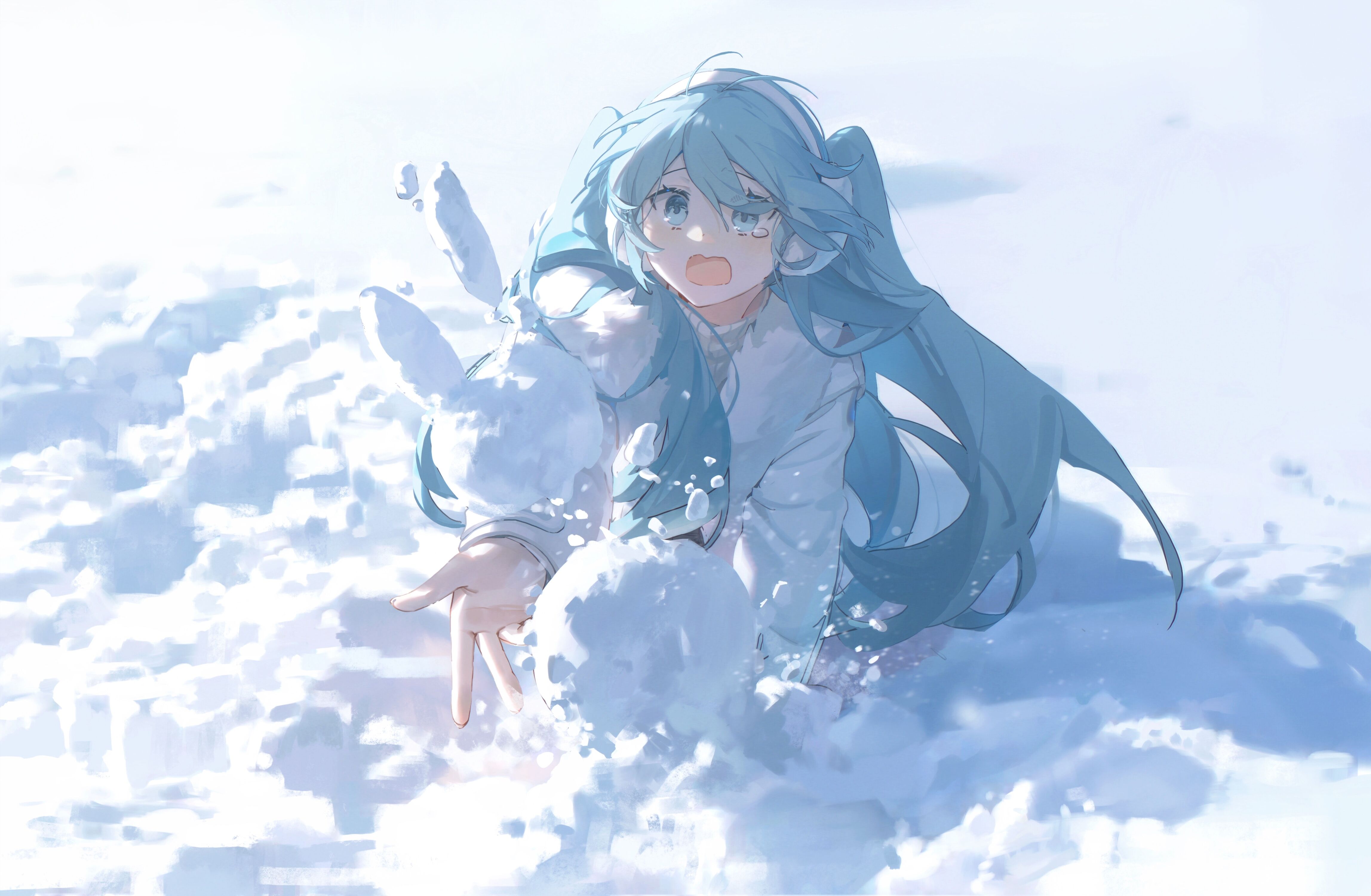 Pixiv Anime Anime Girls Vocaloid Hatsune Miku Long Hair Snow Arms Reaching Coats Ear Muffs Winter Te 4591x3000