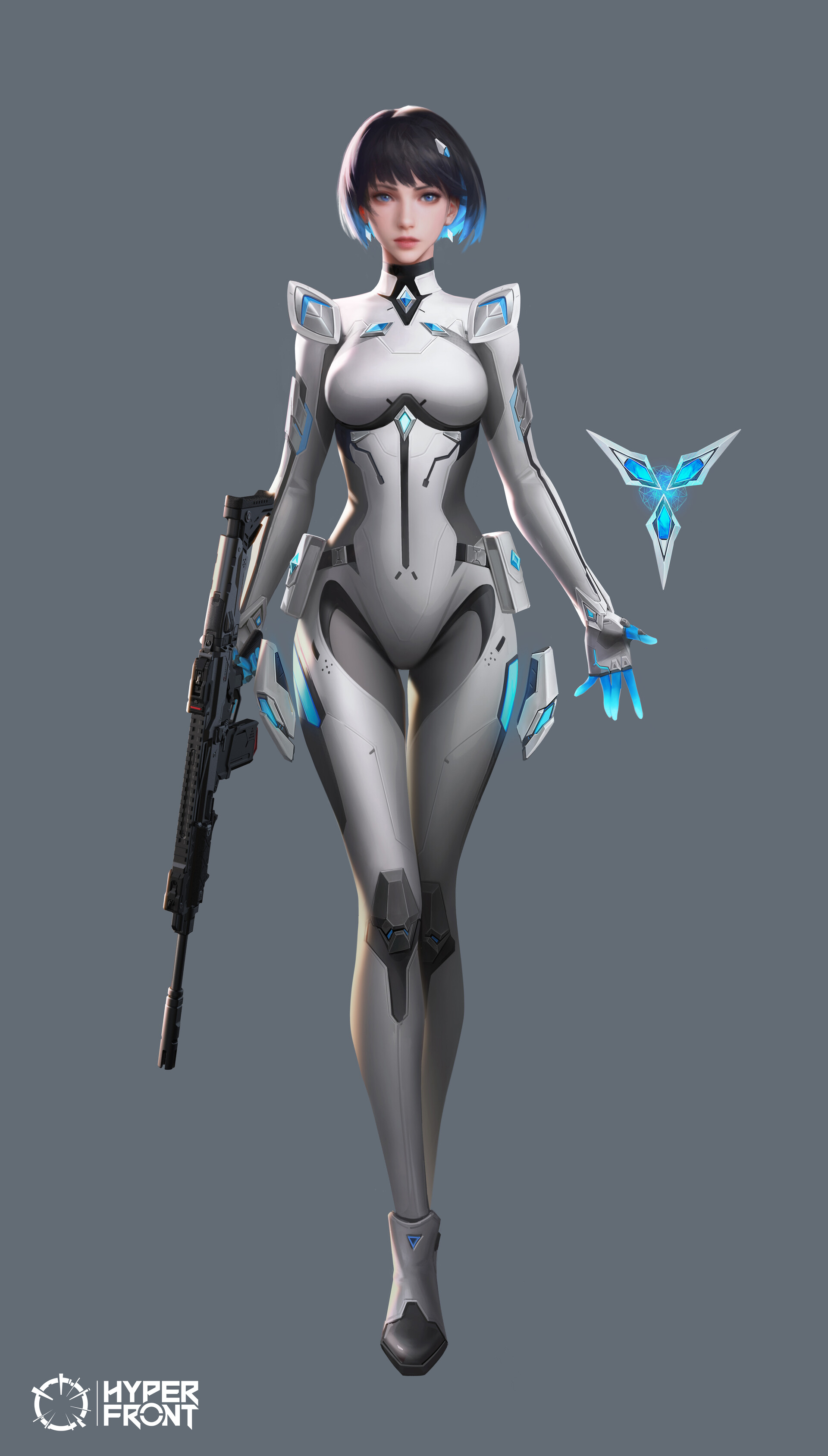 Jingwei Qiu CGi Women Science Fiction Weapon Blue Steel Silver Simple Background 3D 1920x3377