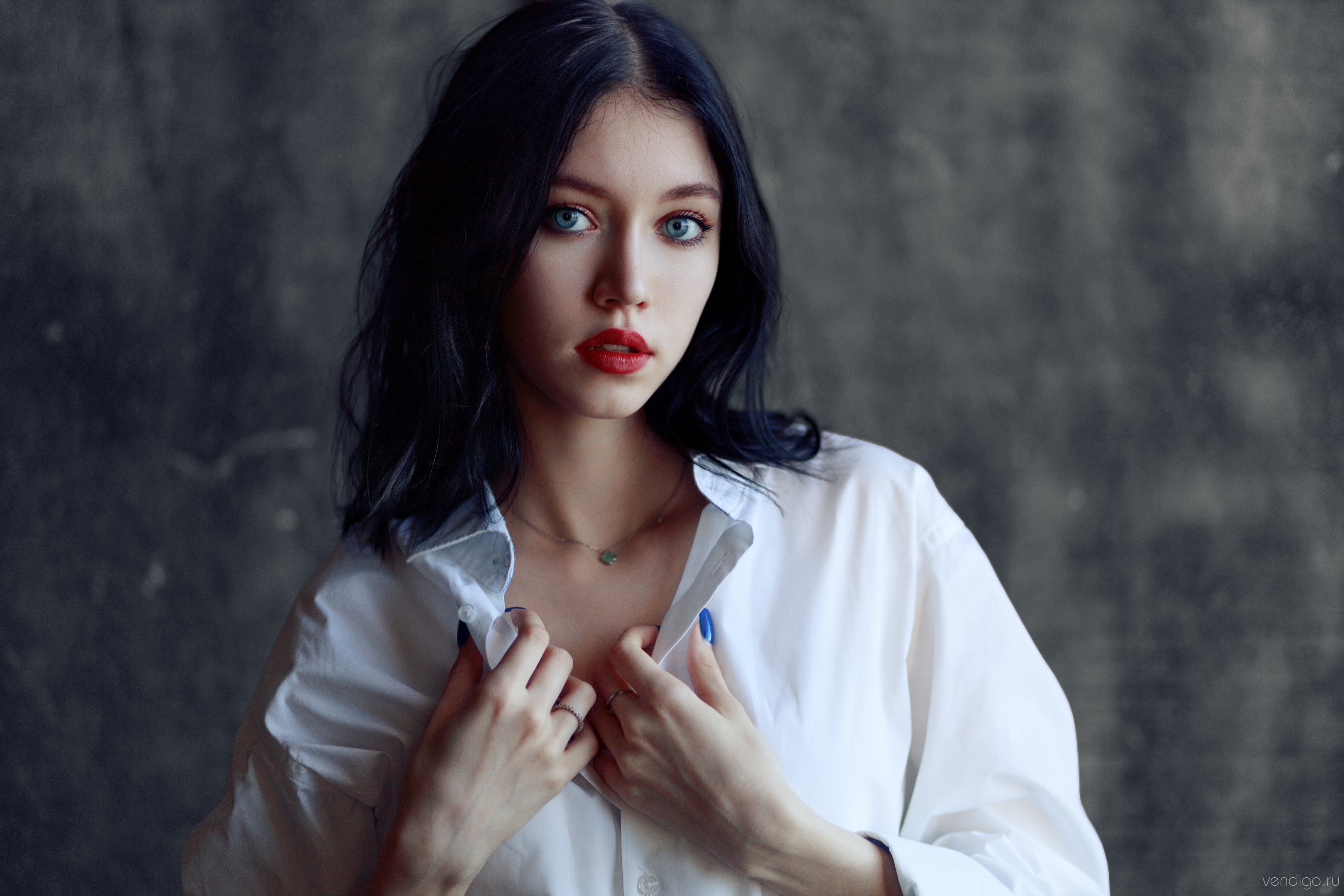 Evgeniy Bulatov Women Blue Eyes Dark Hair White Shirt Red Lipstick Model Brunette Portrait Studio 3240x2160