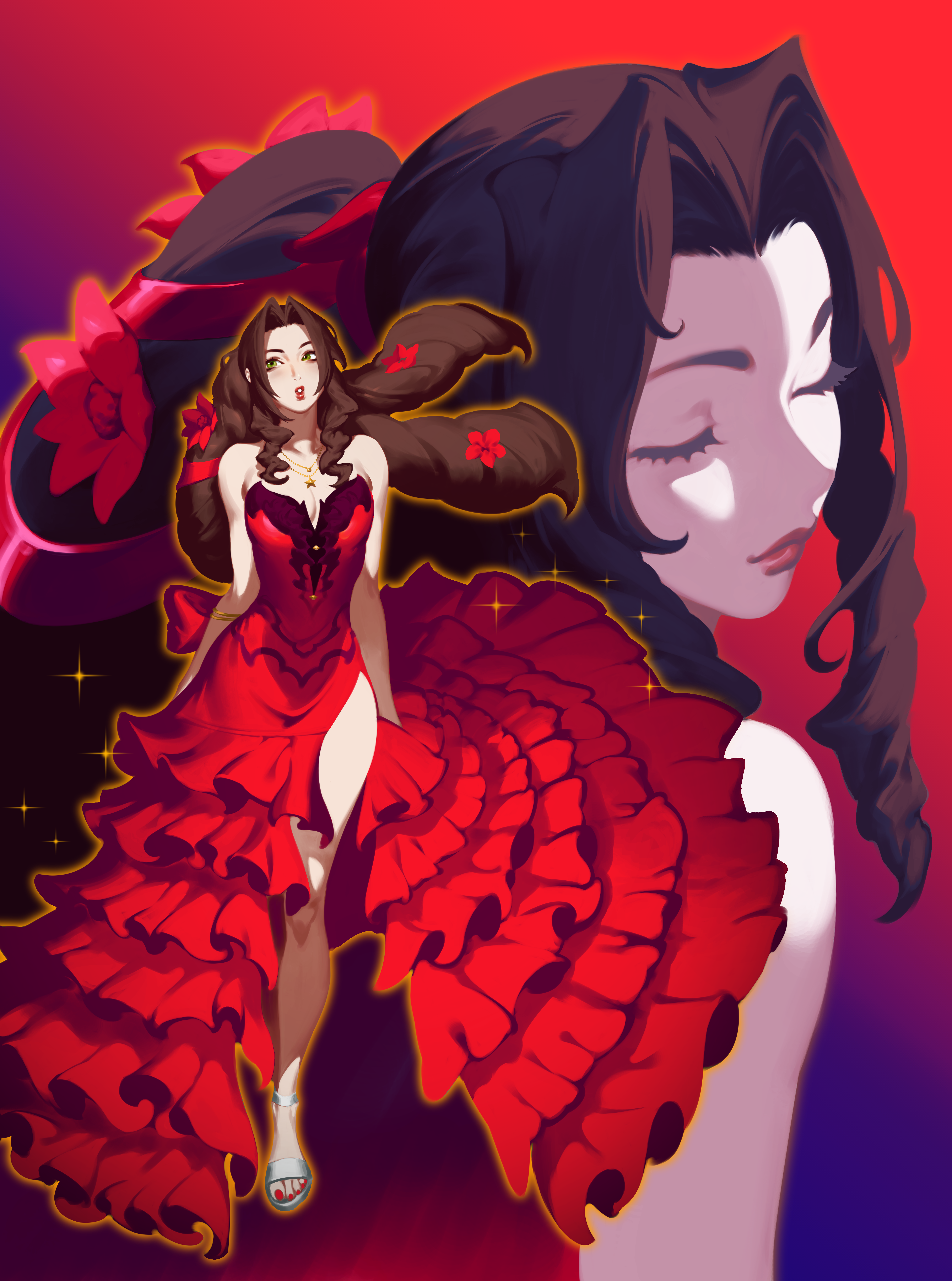 Aerith Gainsborough Dress ZELUS Red Dress Drawing Closed Eyes Long Hair Closed Mouth Frills Stars St 4584x6168