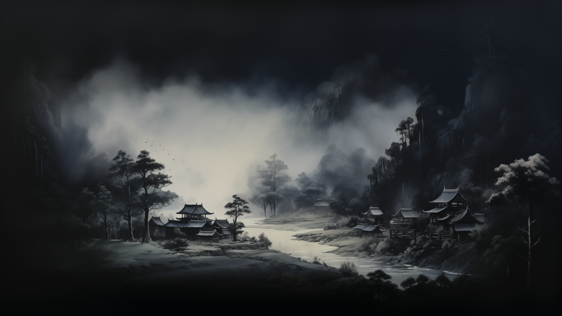 Chinese Landscape Dark Digital Art 1920x1080