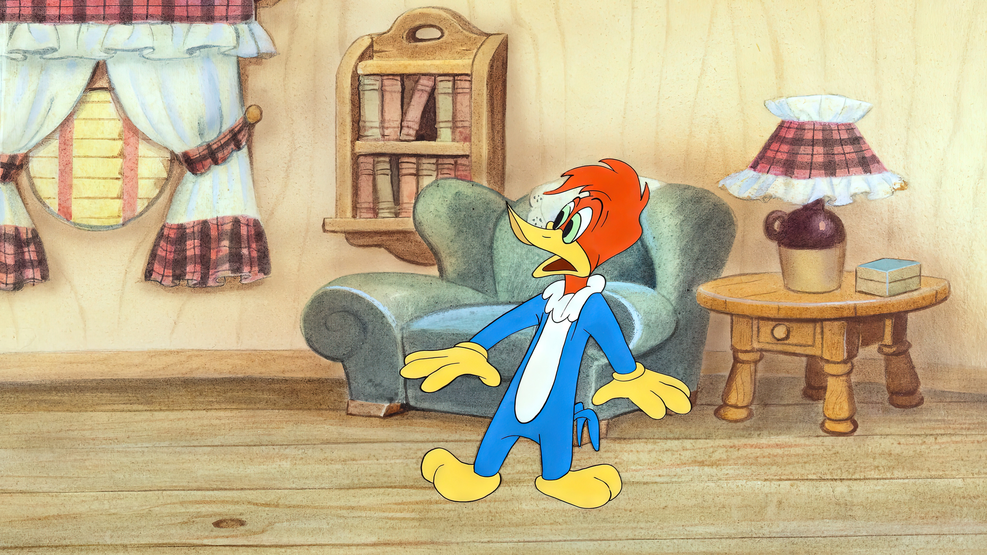 Woody Woodpecker Animation Cartoon Film Stills Production Cel Armchair Table Curtains Book Shelf Woo 1920x1080