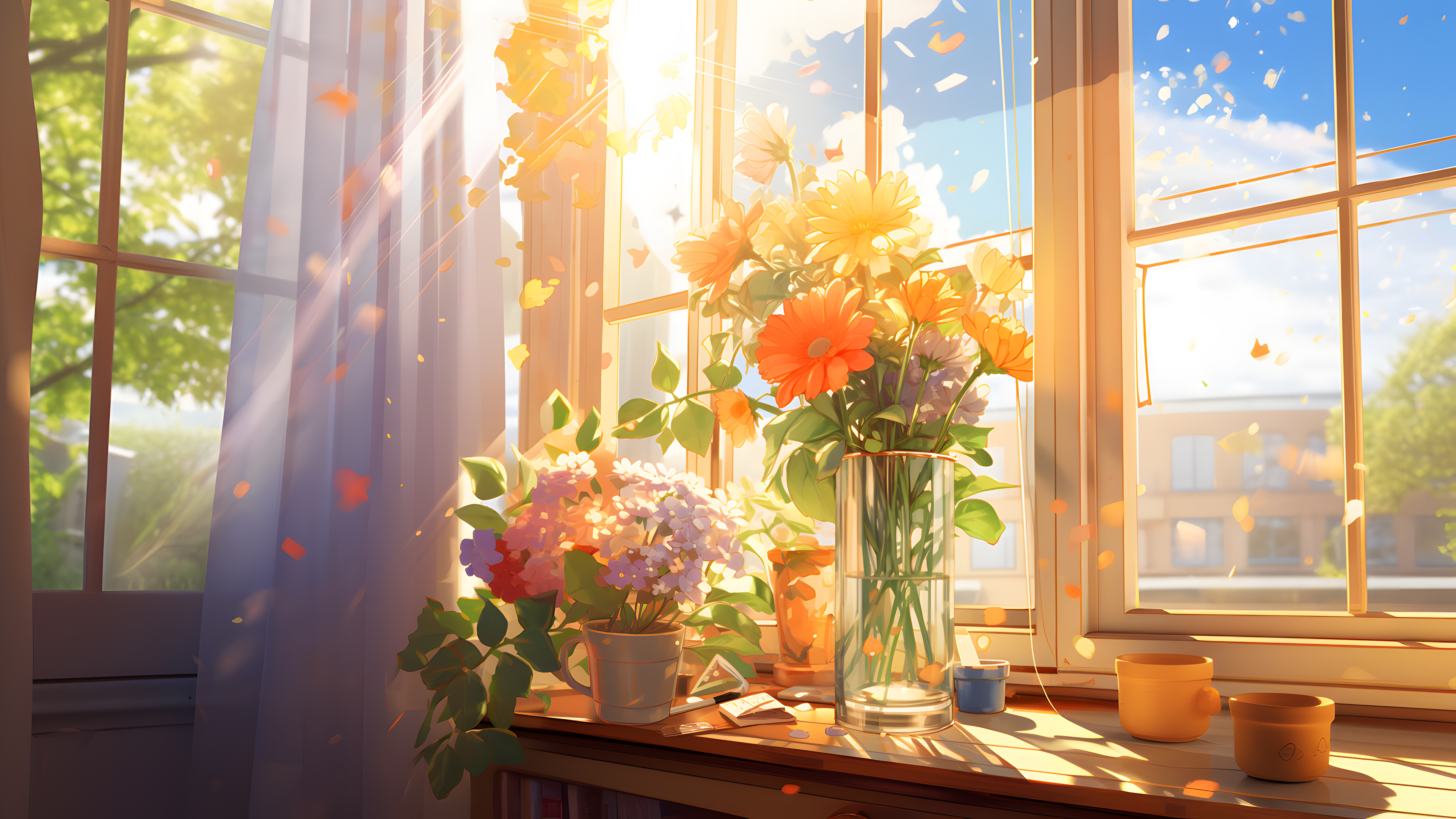 Sun Rays Flowers Petals Window Sunlight Leaves 3840x2160