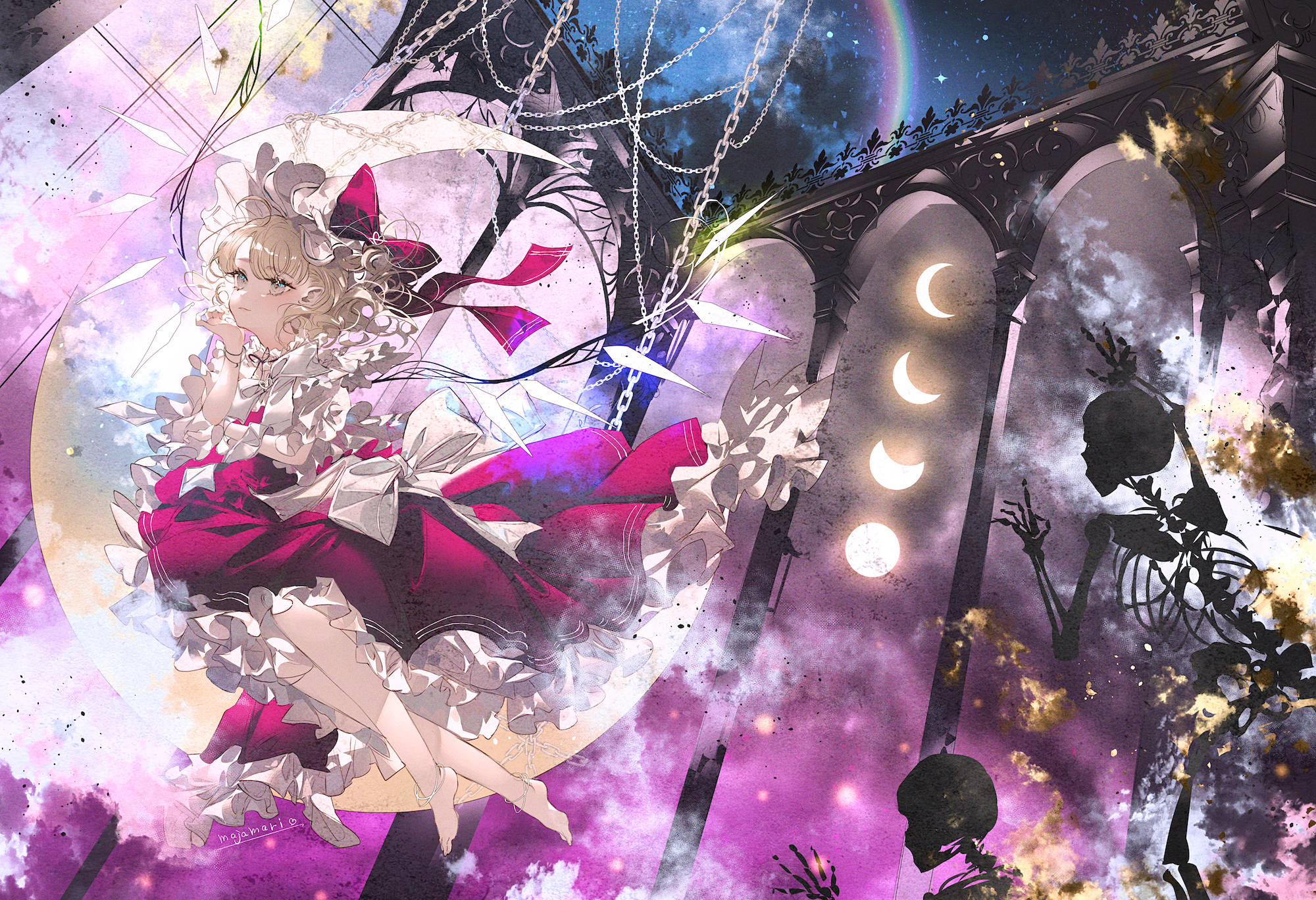 Pixiv Majamari Touhou Anime Girls Crescent Moon Moon Dress Chains Rainbows Skeleton Flandre Scarlet 2000x1368