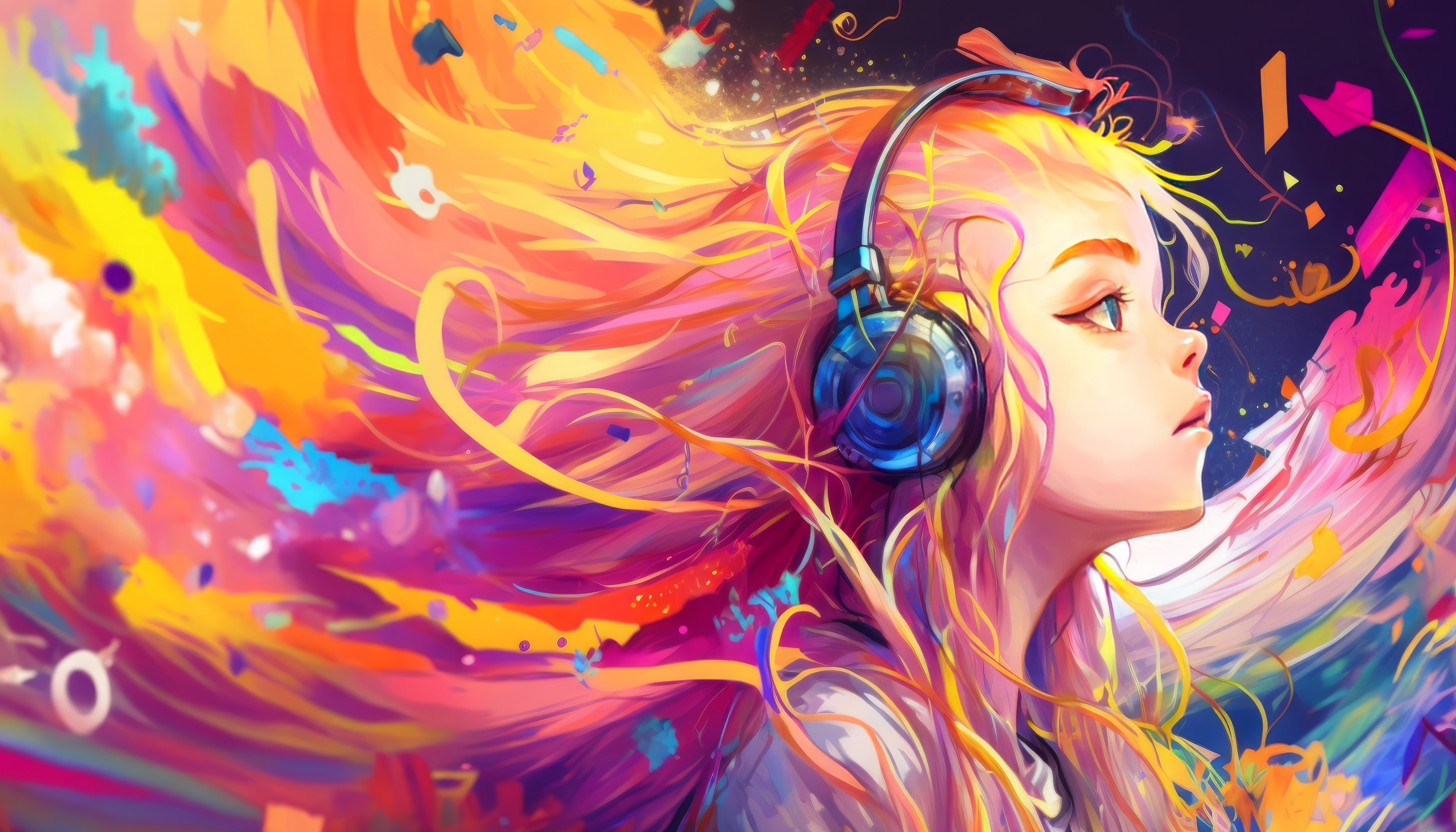 Ai Art Illustration Women Headphones Music Colorful 4579x2616