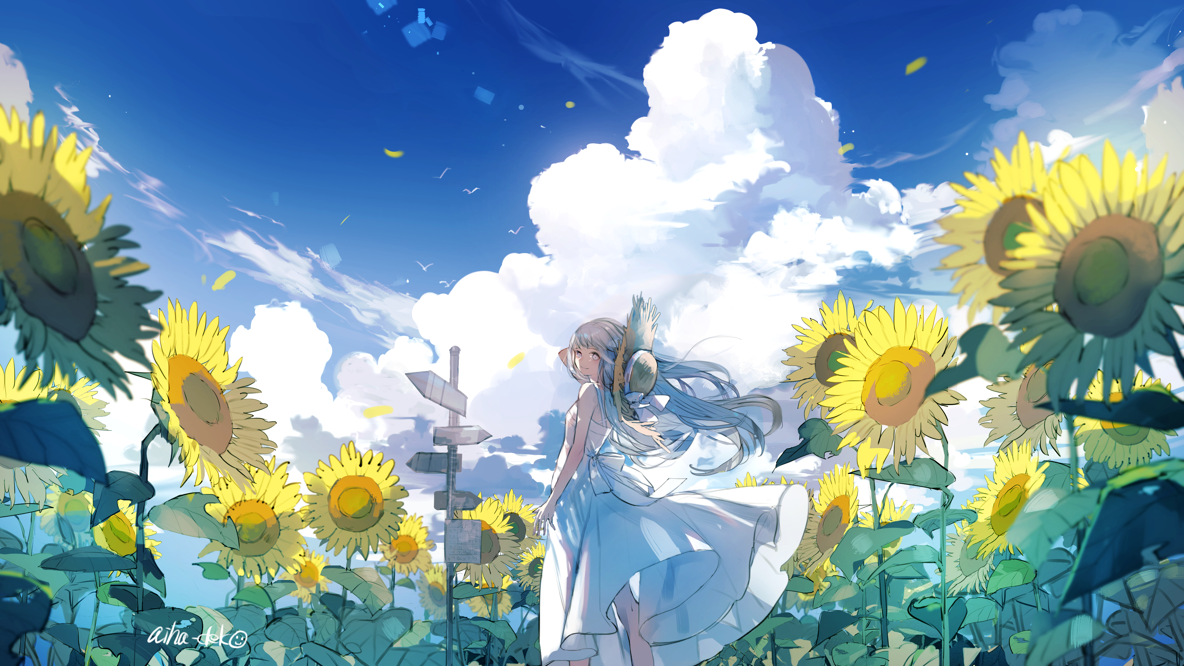 Anime Anime Girls Dress Long Hair Straw Hat Clouds Sky Signature Sunflowers Standing Looking At View 3840x2160