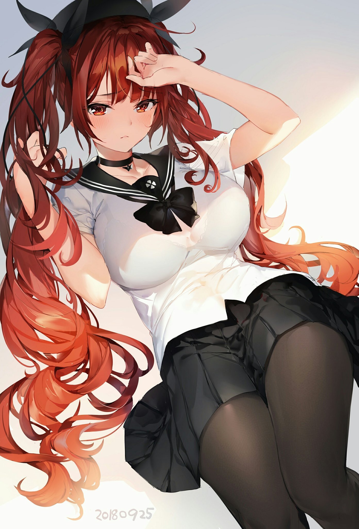 Redhead Black Pantyhose Anime Anime Girls Red Eyes Skirt Black Skirts School Uniform Schoolgirl 1393x2048