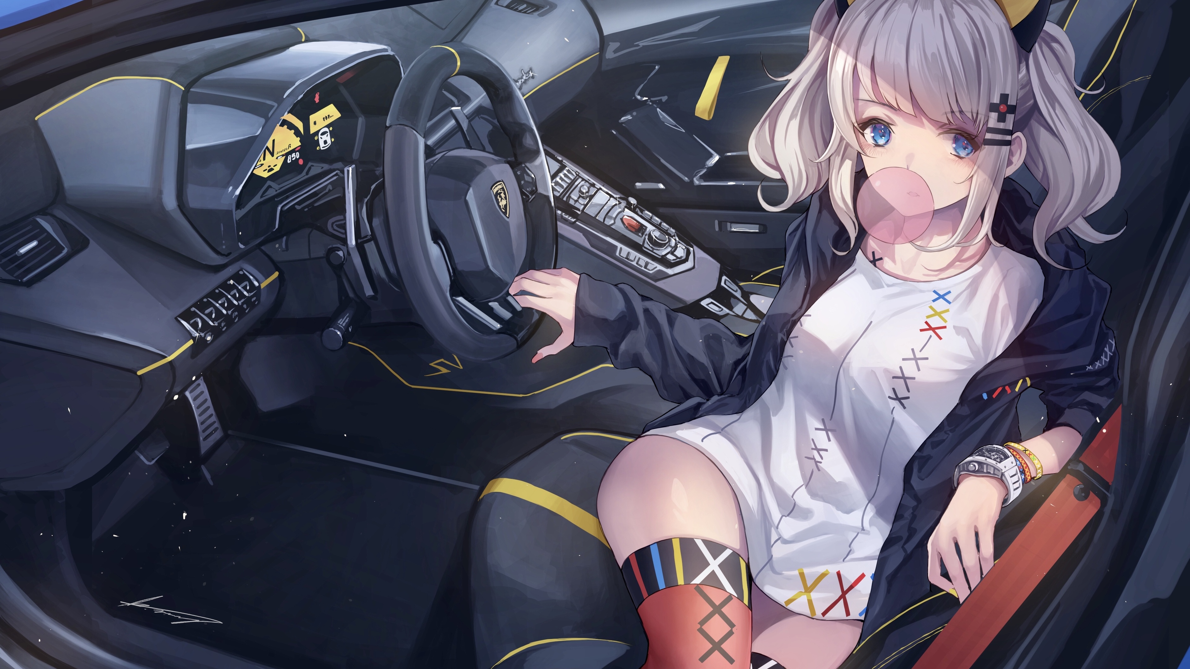Anime Girls Chewing Gum Car Seat Car Train Looking At Viewer Short Hair Interior Sitting Blue Eyes B 3840x2160
