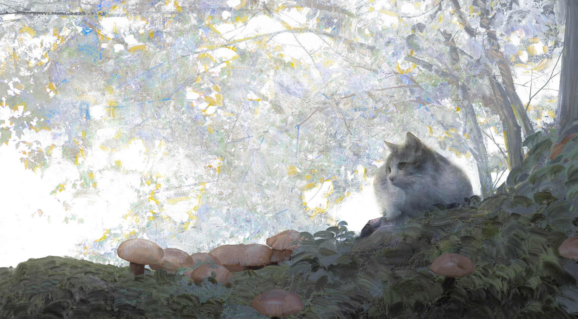DannyLaiLai Digital Art Illustration Cats Animals Trees Forest Mushroom 1920x1060