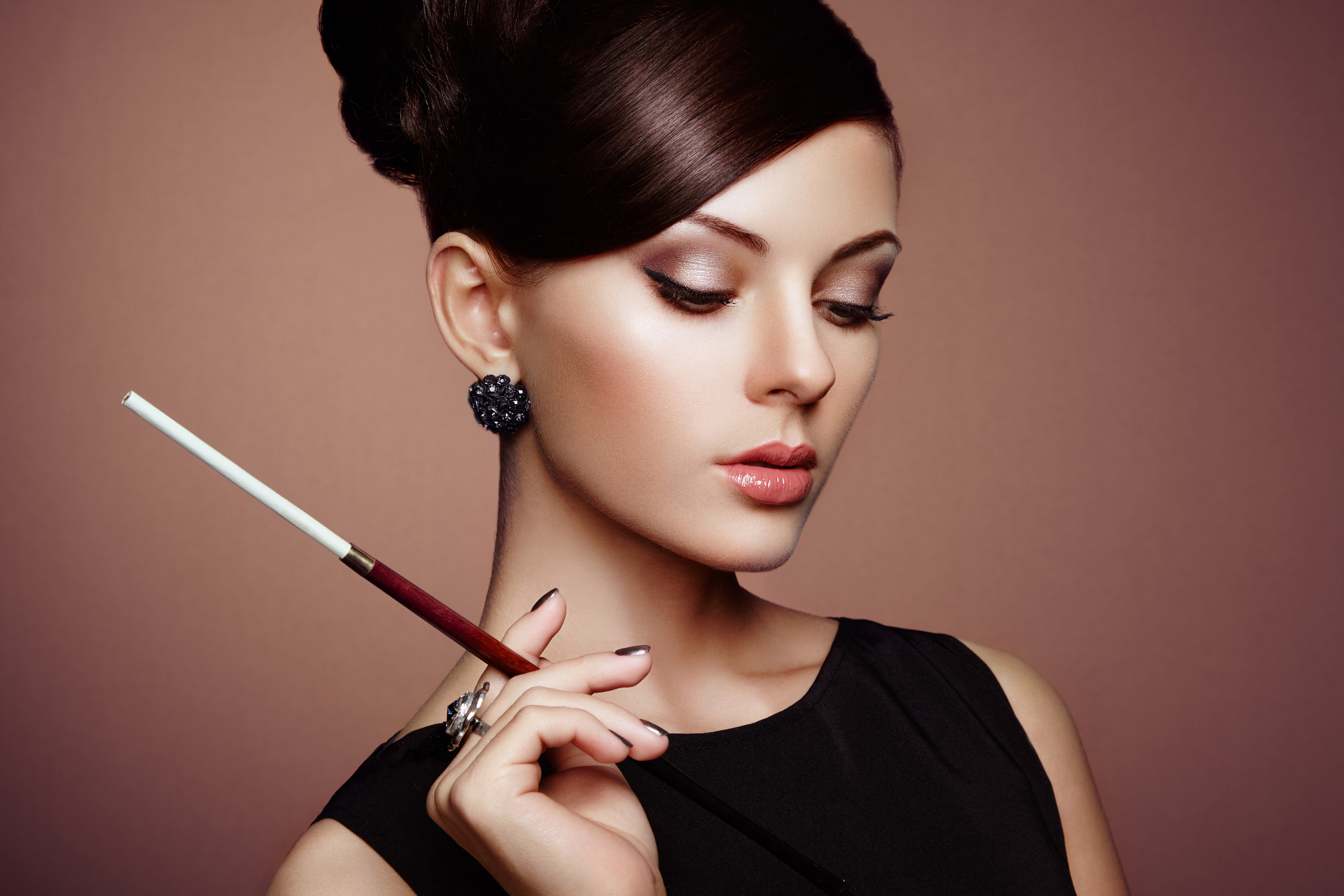 Women Model Brunette Face Makeup Cigarettes Portrait Dress Oleg Gekman Simple Background 3840x2560