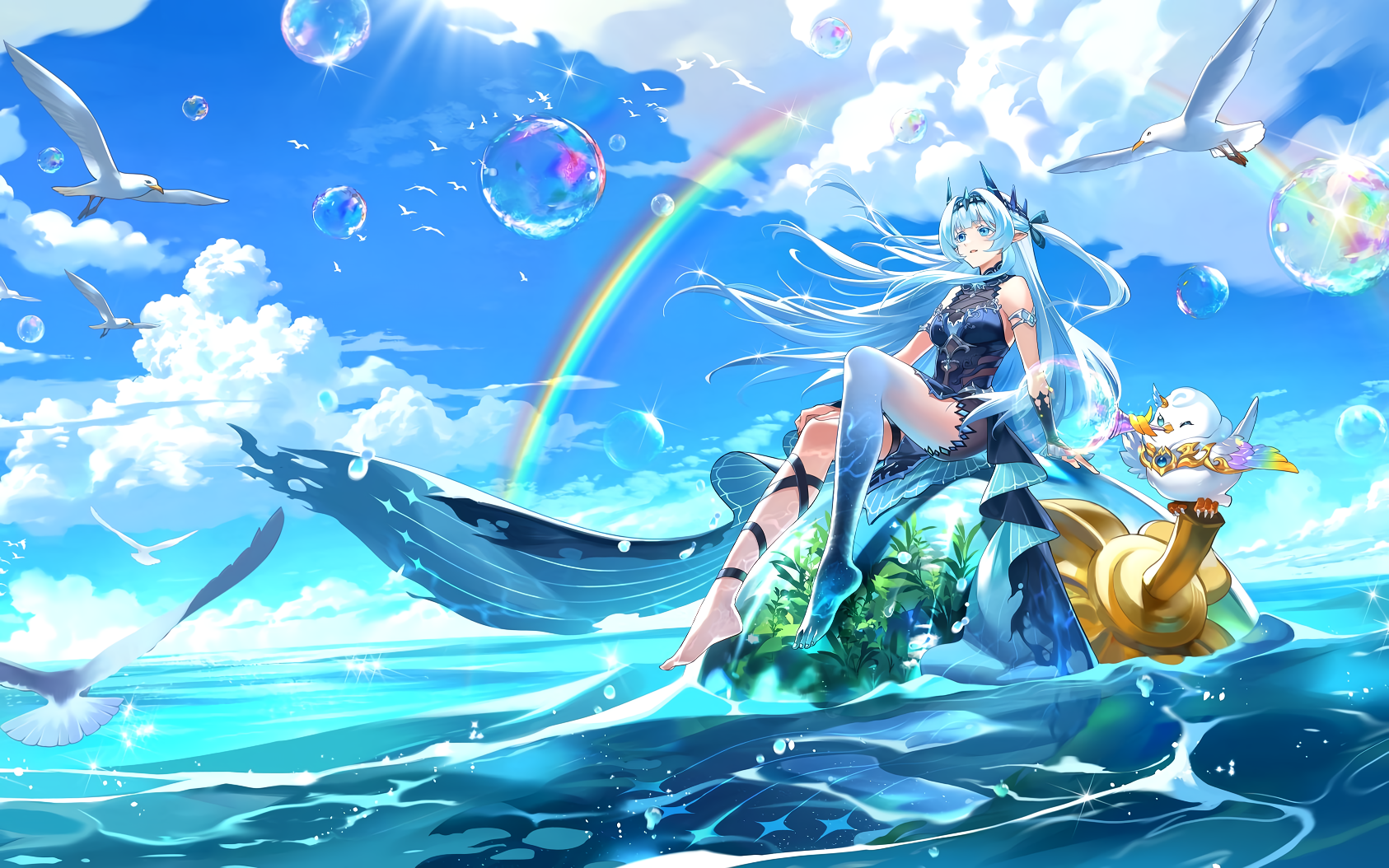 Anime Anime Girls Sea Bubbles Clouds Long Hair Pointy Ears Sky Water Dress Looking Away Rainbows Col 1686x1054