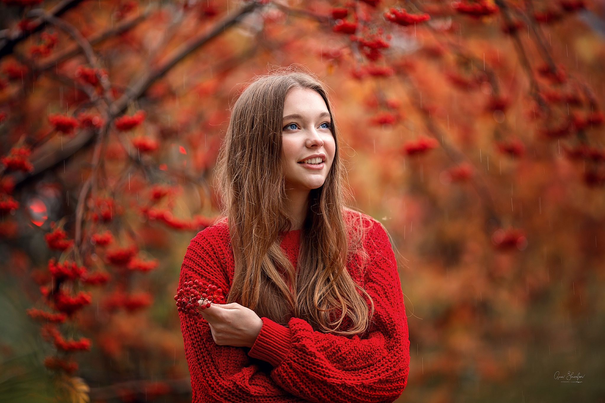 Model Red Lipstick Smiling Red Sweater Flowers Blue Eyes Women Outdoors Rain Depth Of Field 2048x1365