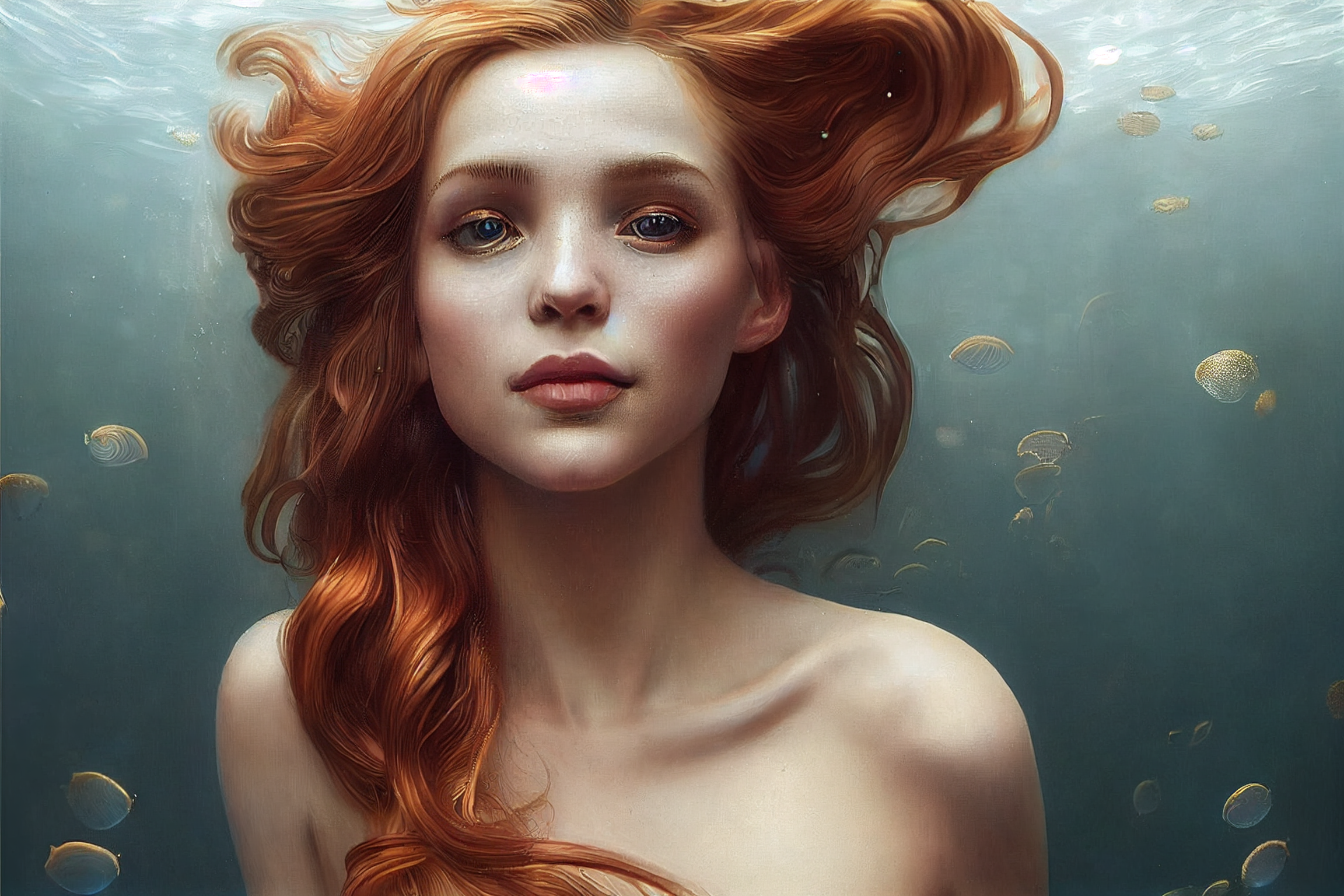 Mermaids Redhead Underwater Women Artwork 2304x1536