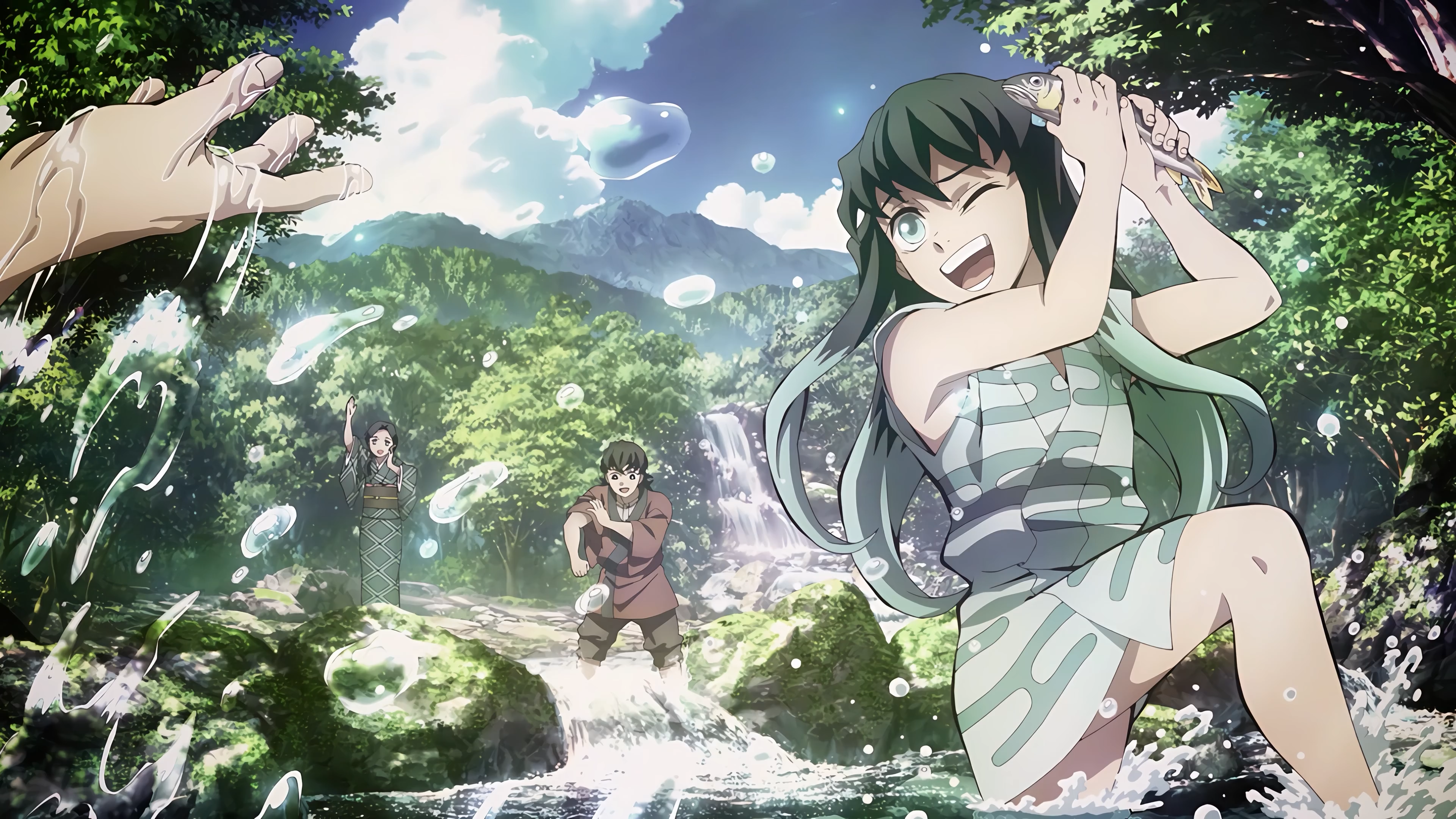 Tokitou Muichirou Kimetsu No Yaiba Anime Boys Anime Girls Water Waterfall One Eye Closed Clouds Two  3840x2160
