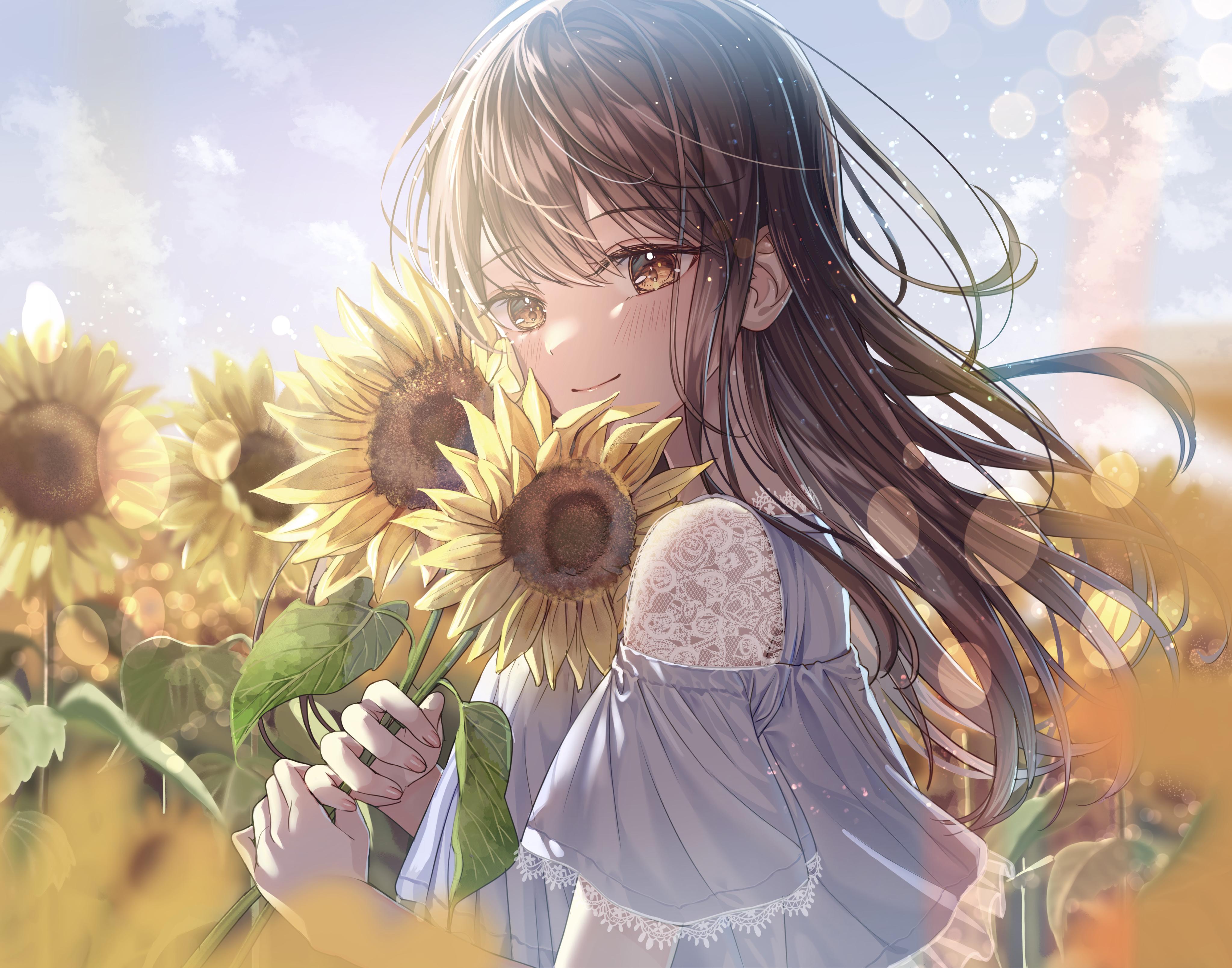 Sunflowers Brunette Looking At Viewer Smiling Anime Girls Clouds Sky Flowers Leaves Brown Eyes Blush 4094x3218
