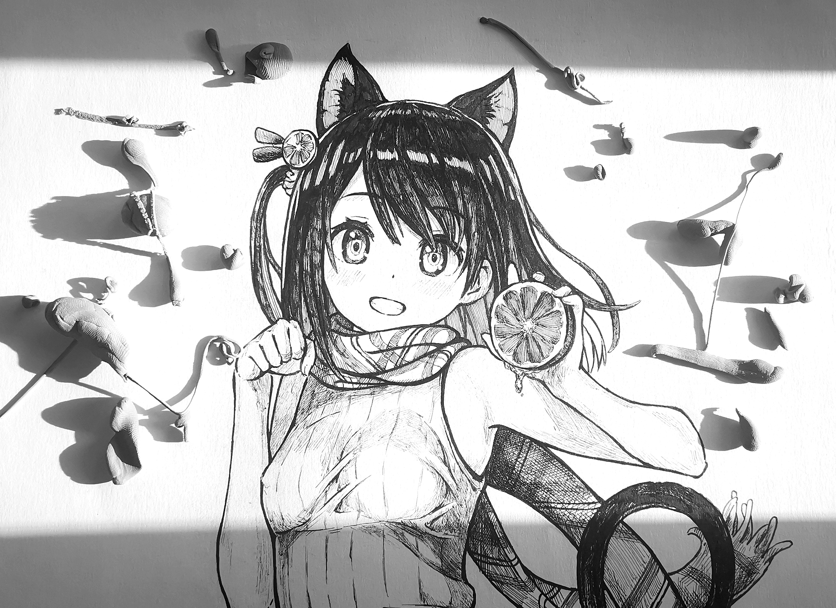 Photo Realistic Anime Girls Eraser Cat Girl Cat Ears Cat Tail Monochrome 2656x1932
