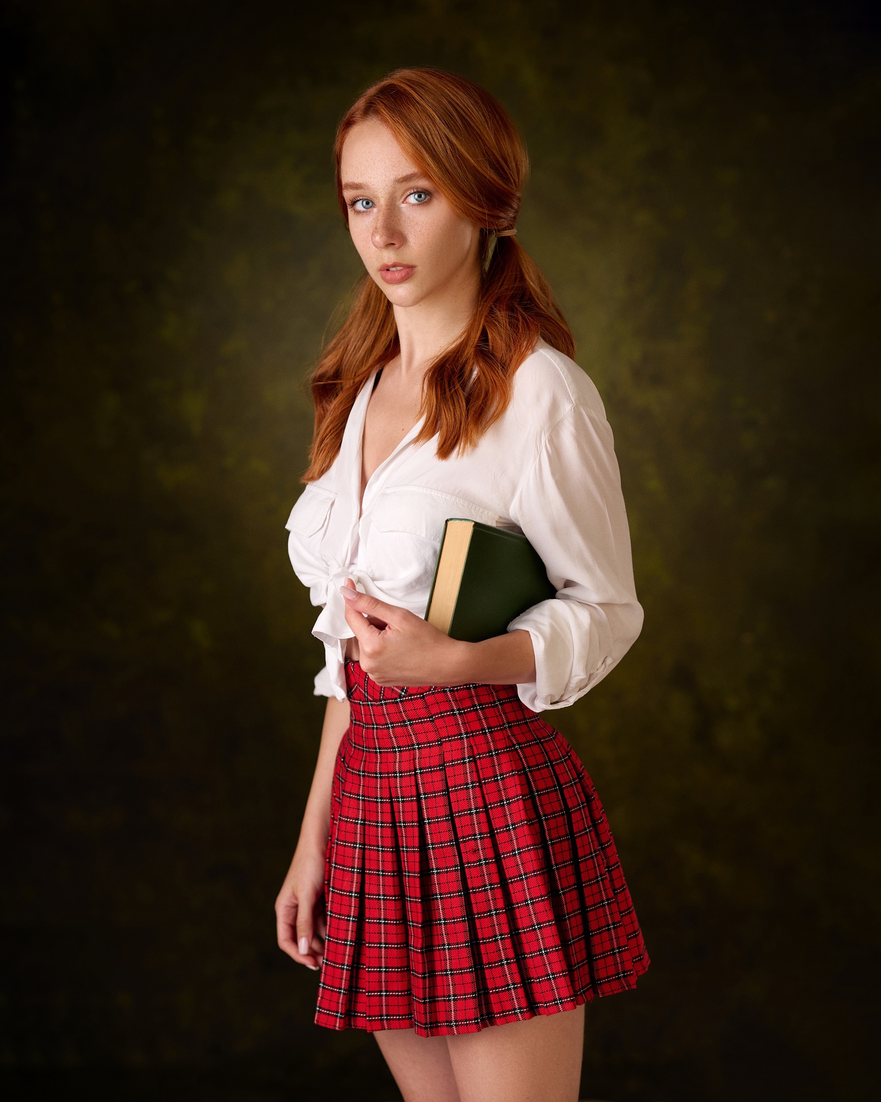 Max Pyzhik Women Redhead Blue Eyes Twintails Freckles Plaid Books Schoolgirl Simple Background 1728x2160