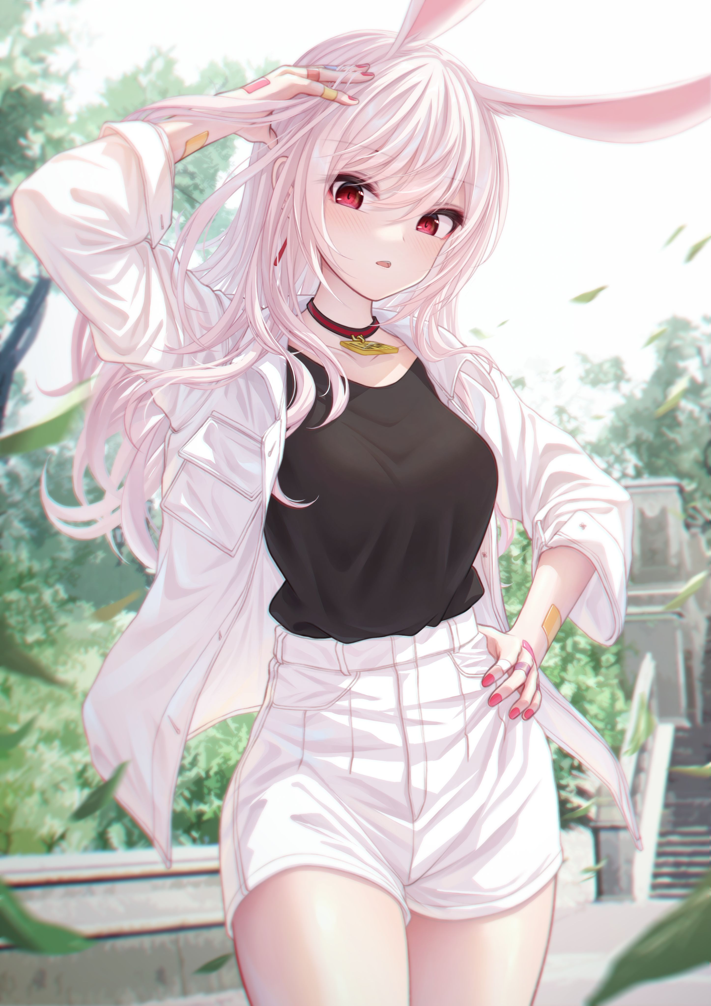 Anime Girls Bunny Girl Bae C Vertical Collar Looking At Viewer Long Hair Stairs Leaves 2894x4093