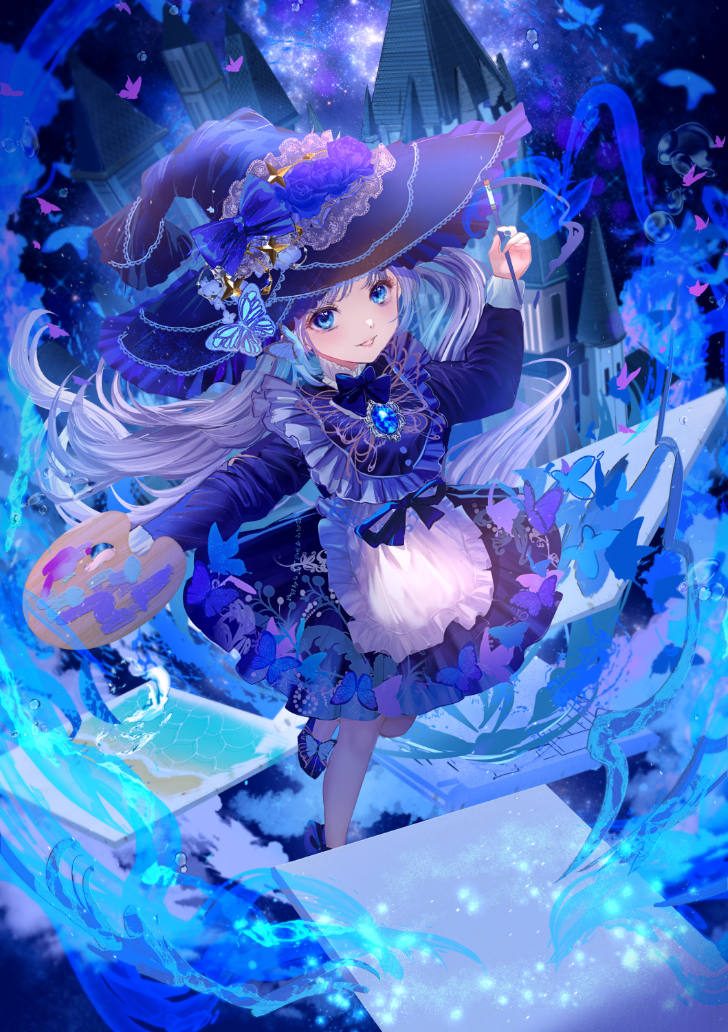 Pixiv Anime Anime Girls Portrait Display Hat Long Hair Blue Hair Blue Eyes Painting Butterfly Dress  1059x1500