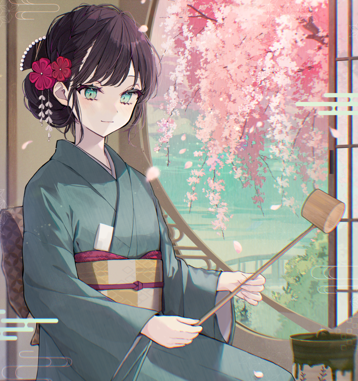 Akakura Anime Girls Pixiv Petals Cherry Trees Kimono Digital Art 1250x1331