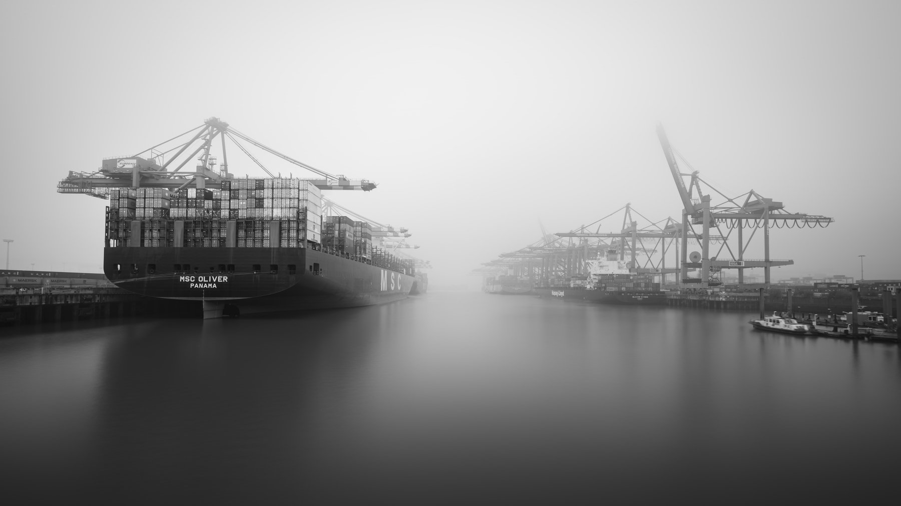 Photography Monochrome Mist Alexander Schonberg Harbor Cranes Machine Ship Containers Container Ship 1800x1012