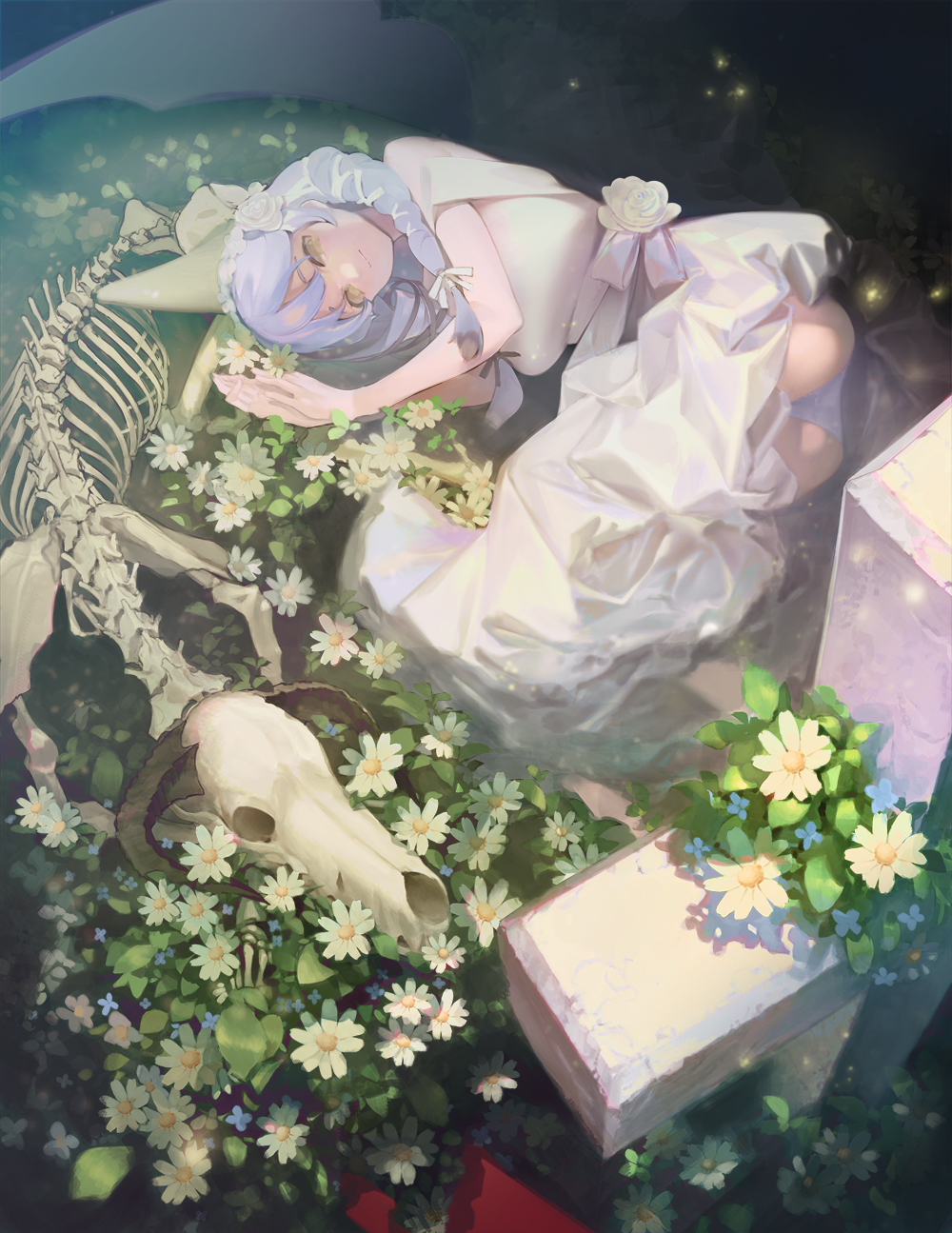 Wqtarumi Original Characters Anime Girls High Angle Vertical Flowers Lying On Side Bones 1000x1295
