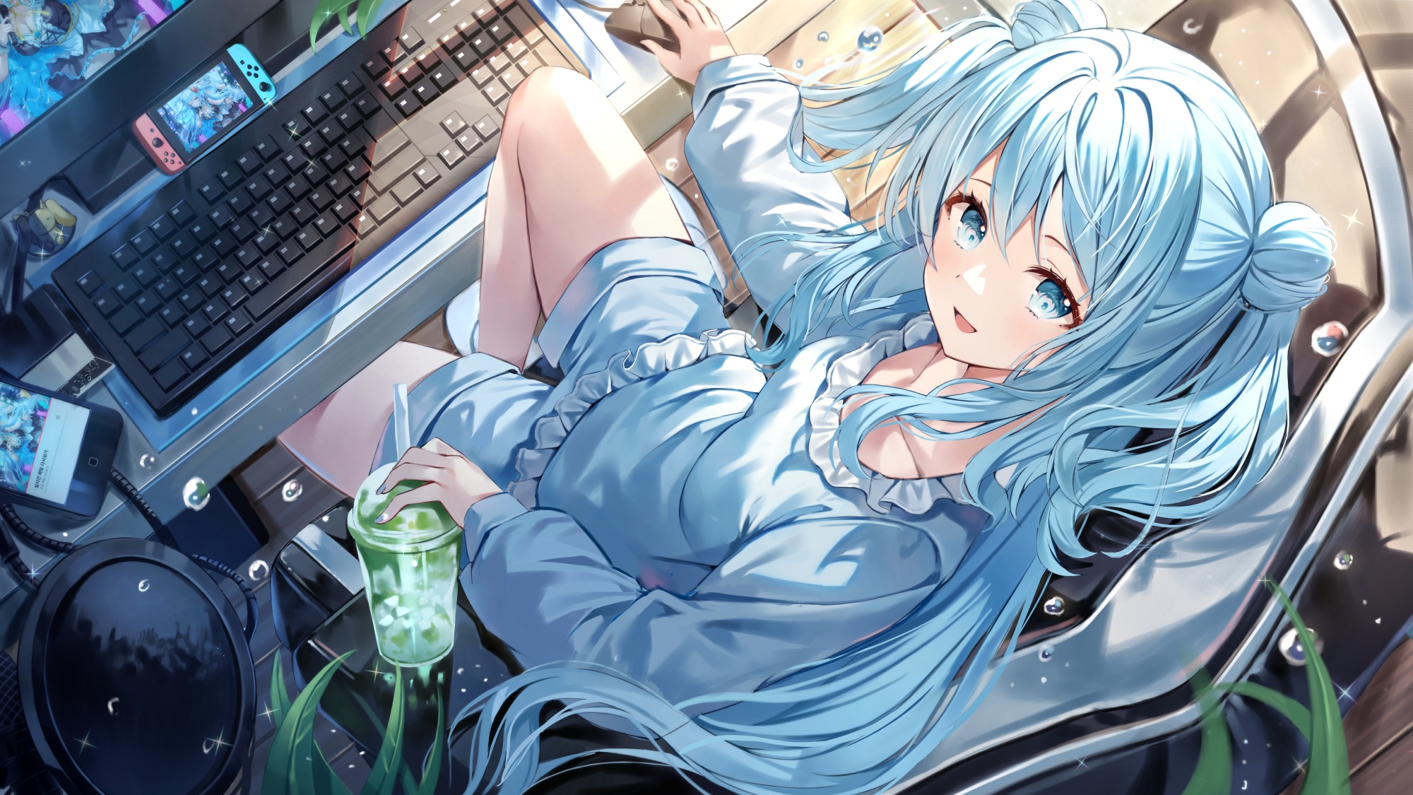 Anime Anime Girls Blue Hair Blue Eyes Drink Nintendo Switch Phone Twintails Water Drops Keyboards Lo 2000x1125