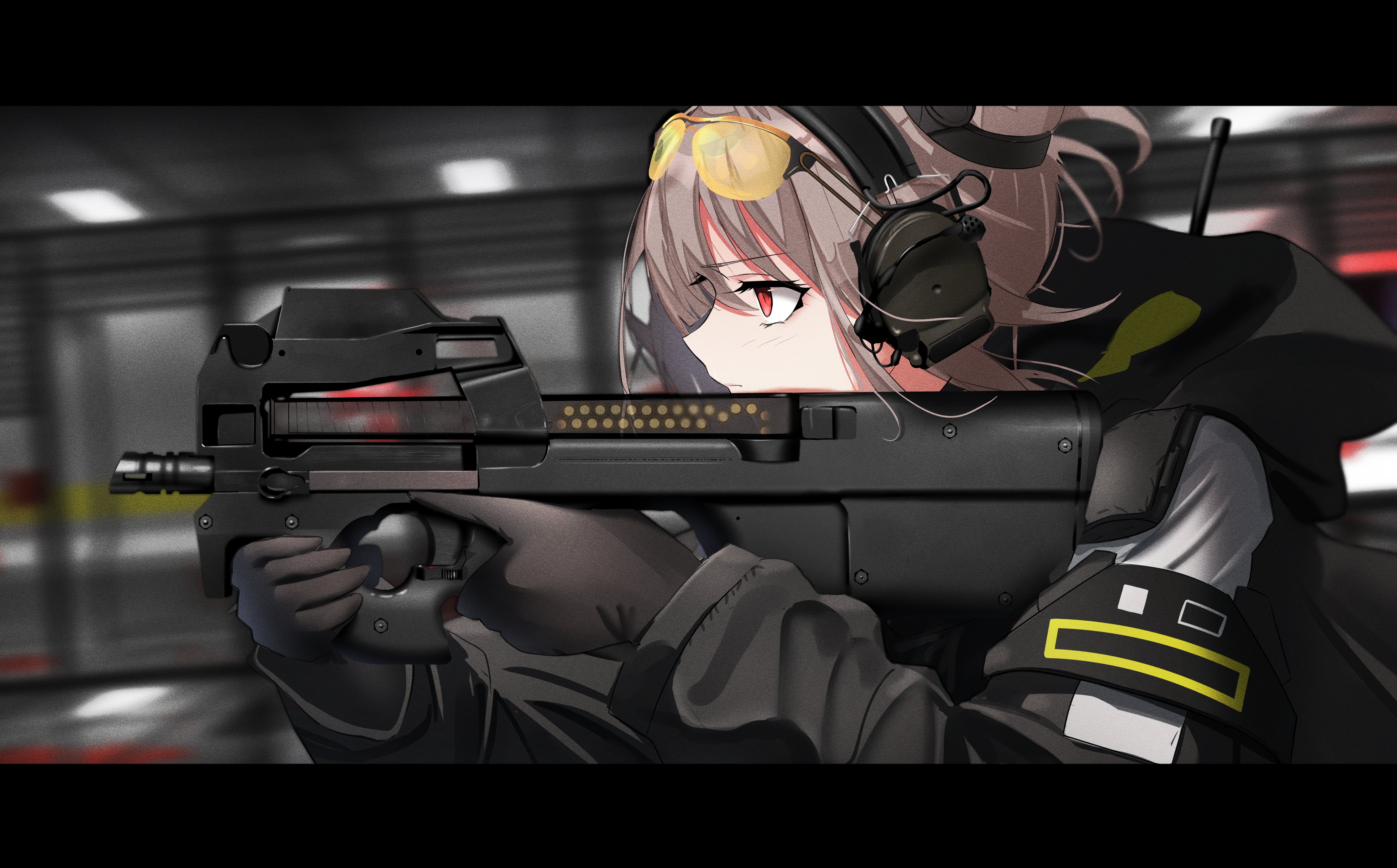 Anime Girls Gun Skin Video Game Characters Red Eyes Police Women Gray Hair Weapon Gun Headphones Glo 4725x2935