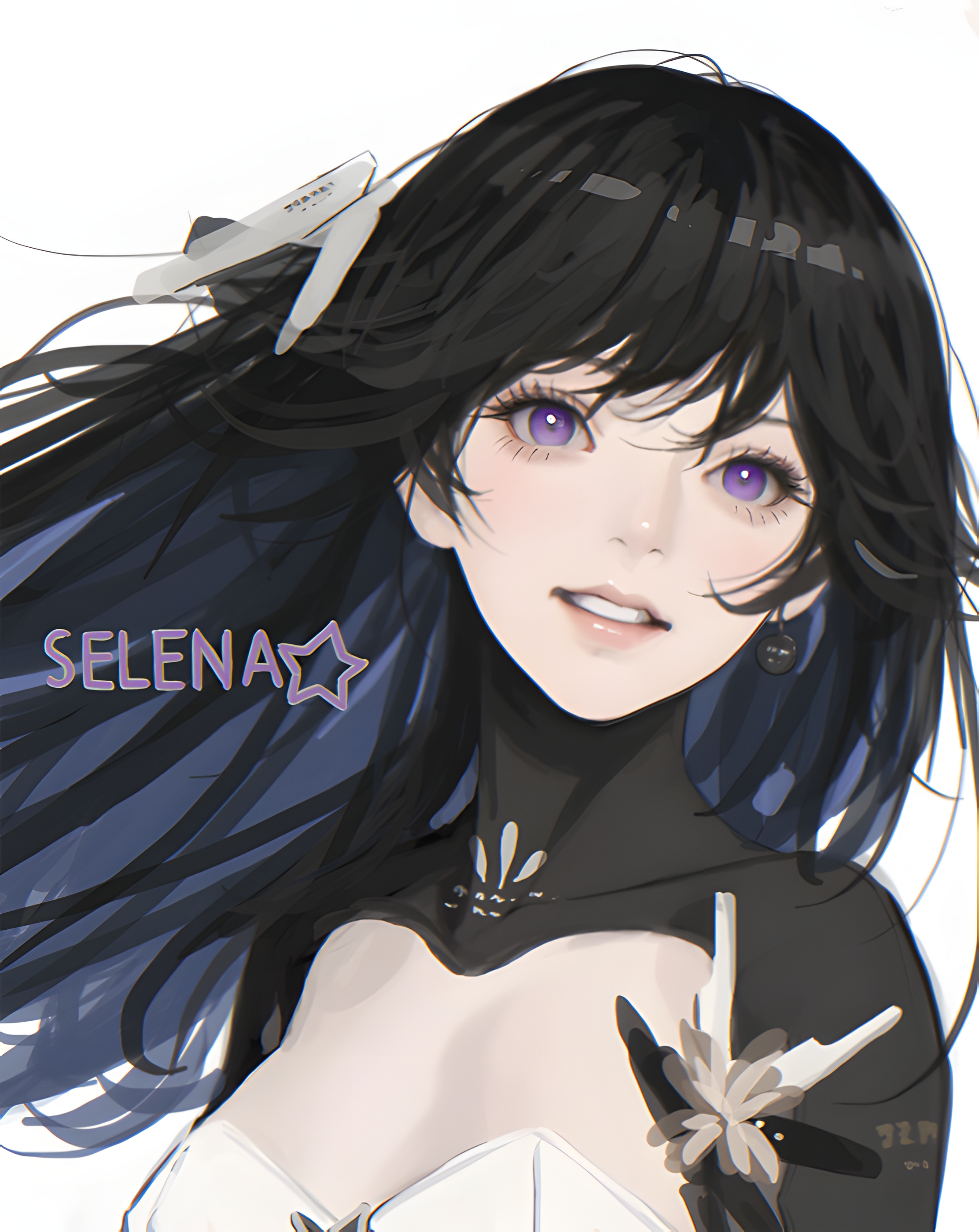 Selena D K Anime Anime Girls Long Hair Smiling Looking At Viewer Portrait Display Purple Eyes Black  2224x2800
