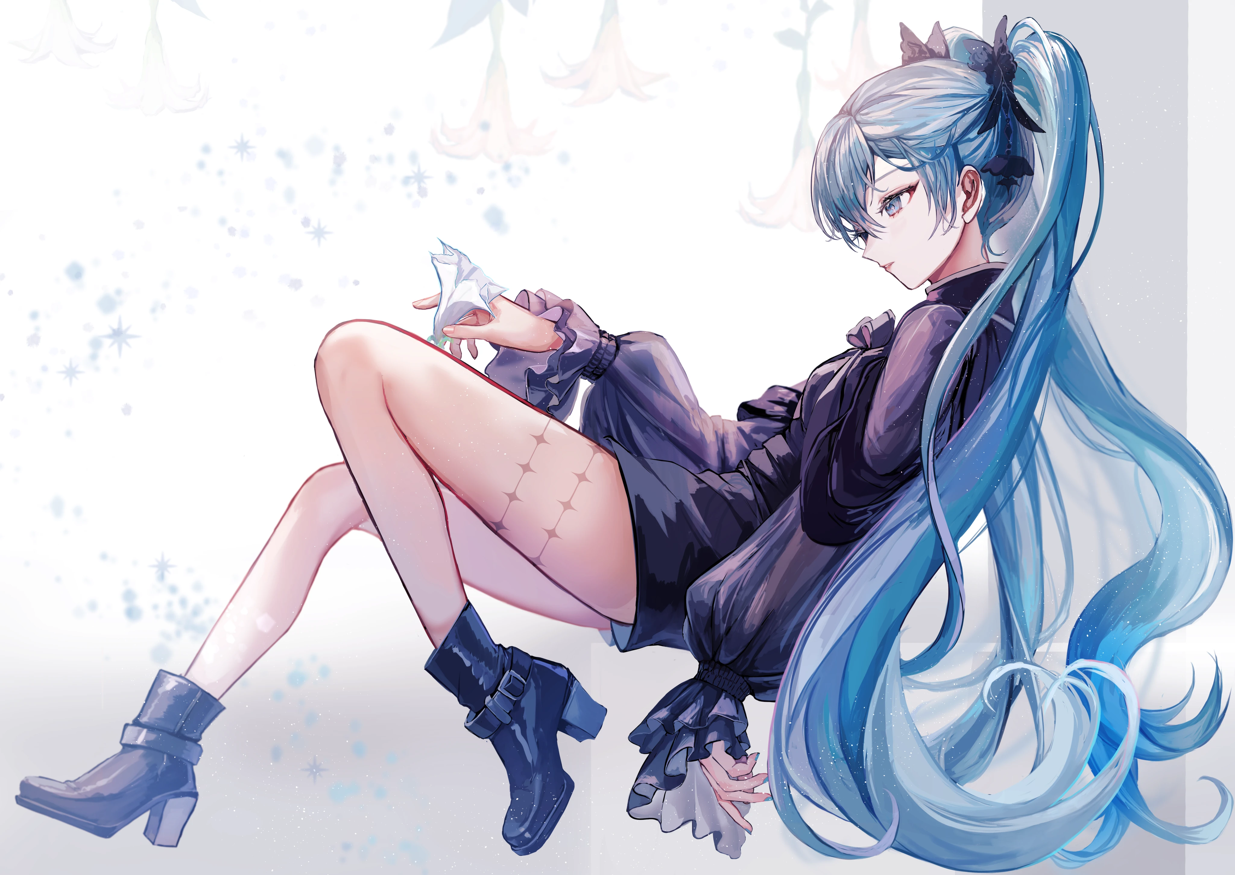 Hatsune Miku Vocaloid Artwork Anime Anime Girls Long Hair Blue Hair Twintails Boots Profile Long Sle 4096x2901