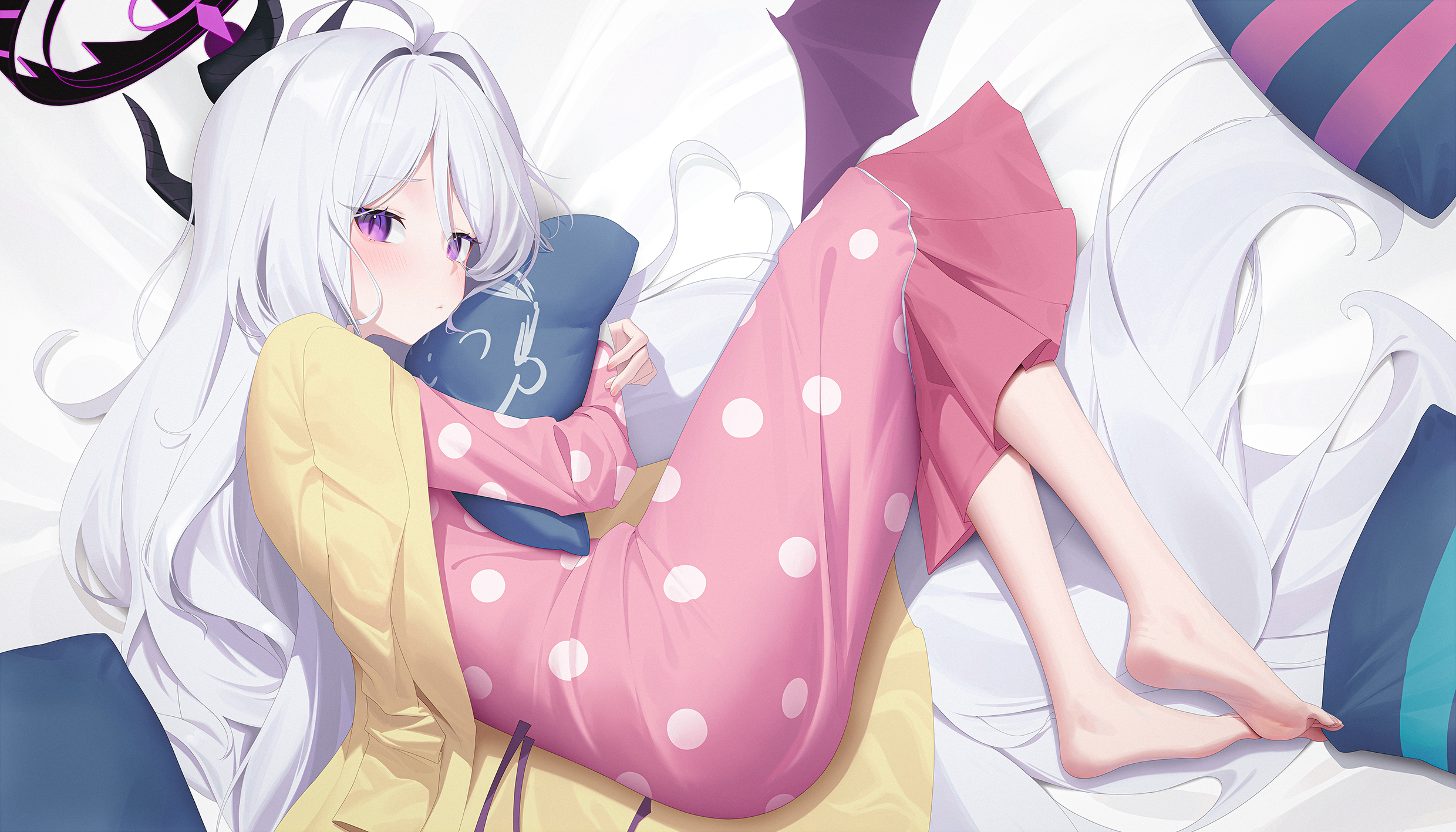 Anime Anime Girls Pyjamas Long Hair Horns Looking At Viewer Blushing Pillow Feet Lying On Side White 2480x1417