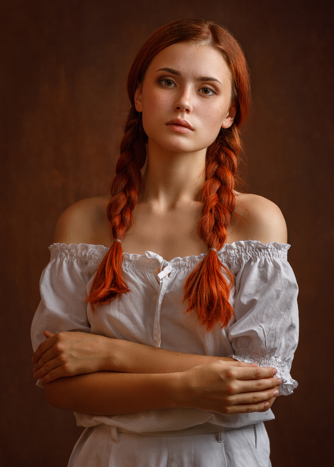 Sergey Sergeev Women Redhead Long Hair Twintails Braids French Braided Pigtails Bare Shoulders Arms  1157x1620