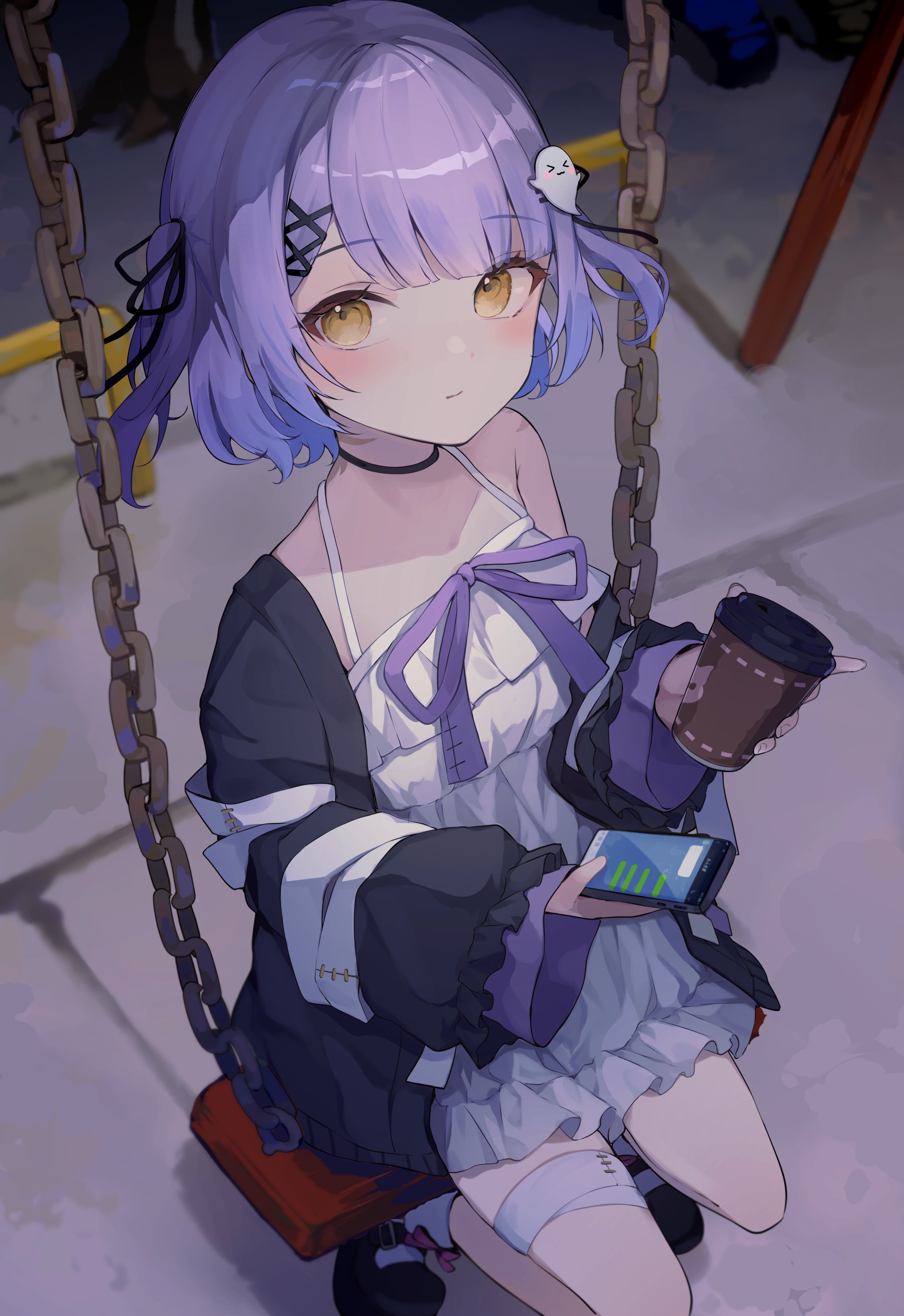 Anime Anime Girls Phone Swings Sitting Short Hair Choker Looking At Viewer Blue Hair Yellow Eyes Por 2267x3300