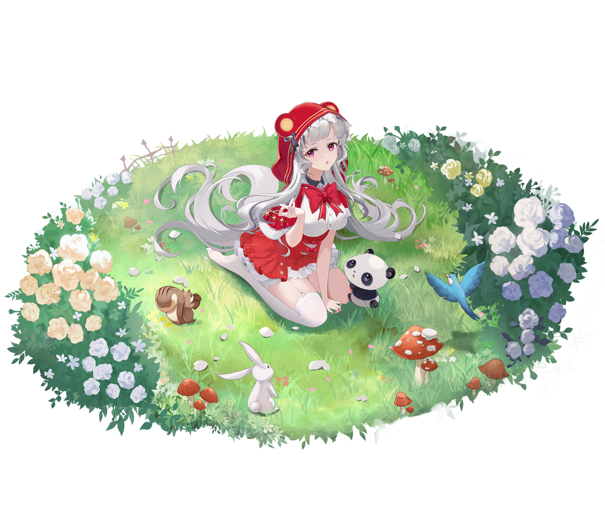 Aura Star Panda Anime Girls Red Eyes Animals Squirrel Rabbits Flowers Long Hair Silver Hair Mushroom 2500x2150