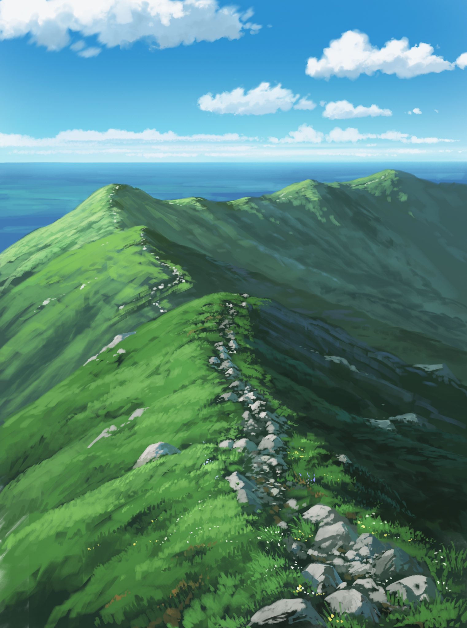 Kuroneko No Pei Digital Painting Mountain Pass Green Clear Sky Moss Grass Portrait Display Rocks Sky 1522x2048