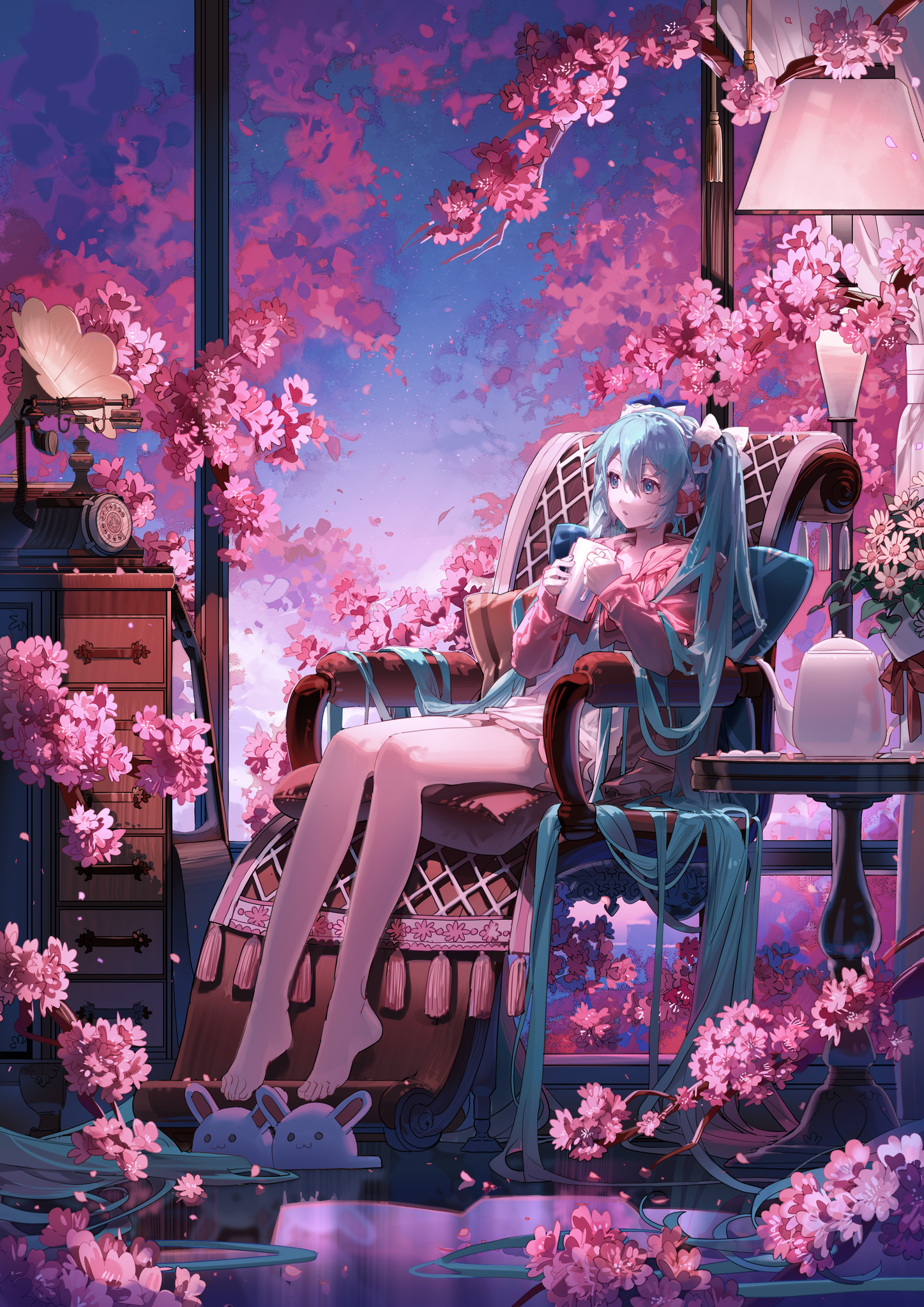 Anime Pixiv Anime Girls Vocaloid Hatsune Miku Flowers Cherry Blossom Sitting Gramophone Barefoot Por 1447x2046