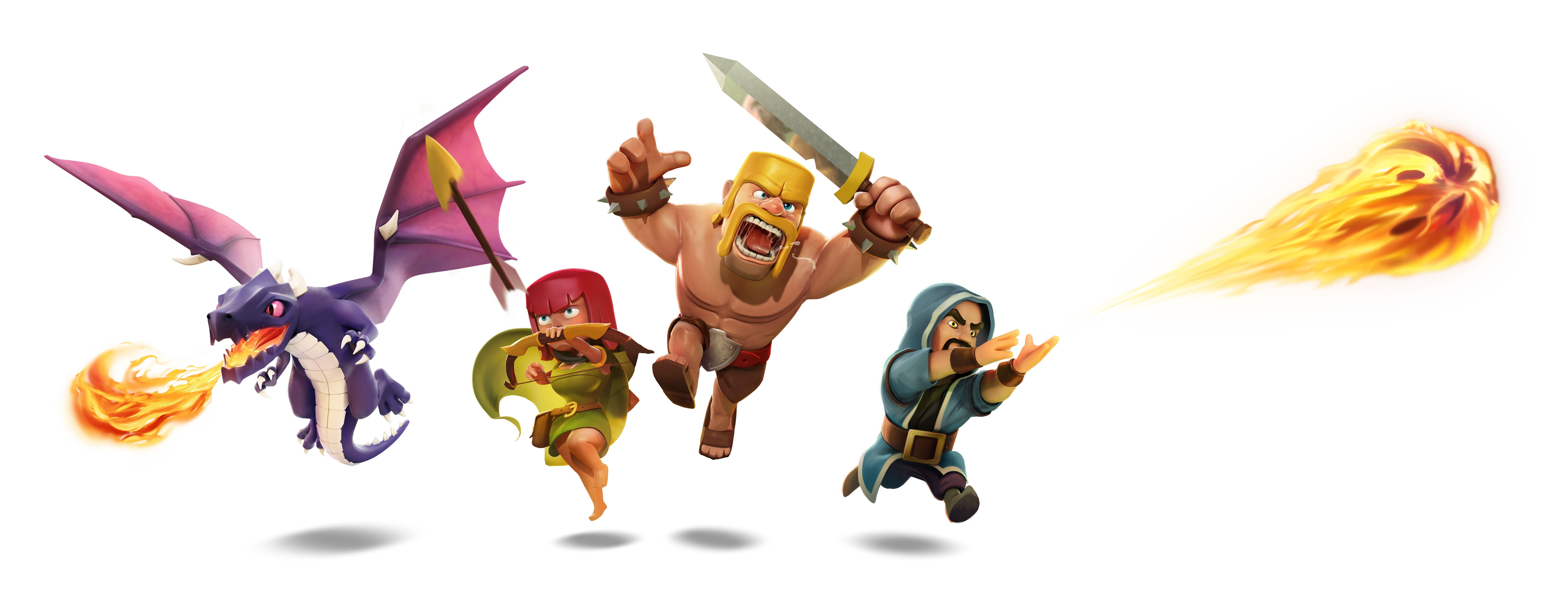 Clash Of Clans Video Game Characters Transparent Background Dragon Barbarian Archer Fireballs Wizard 6224x2344