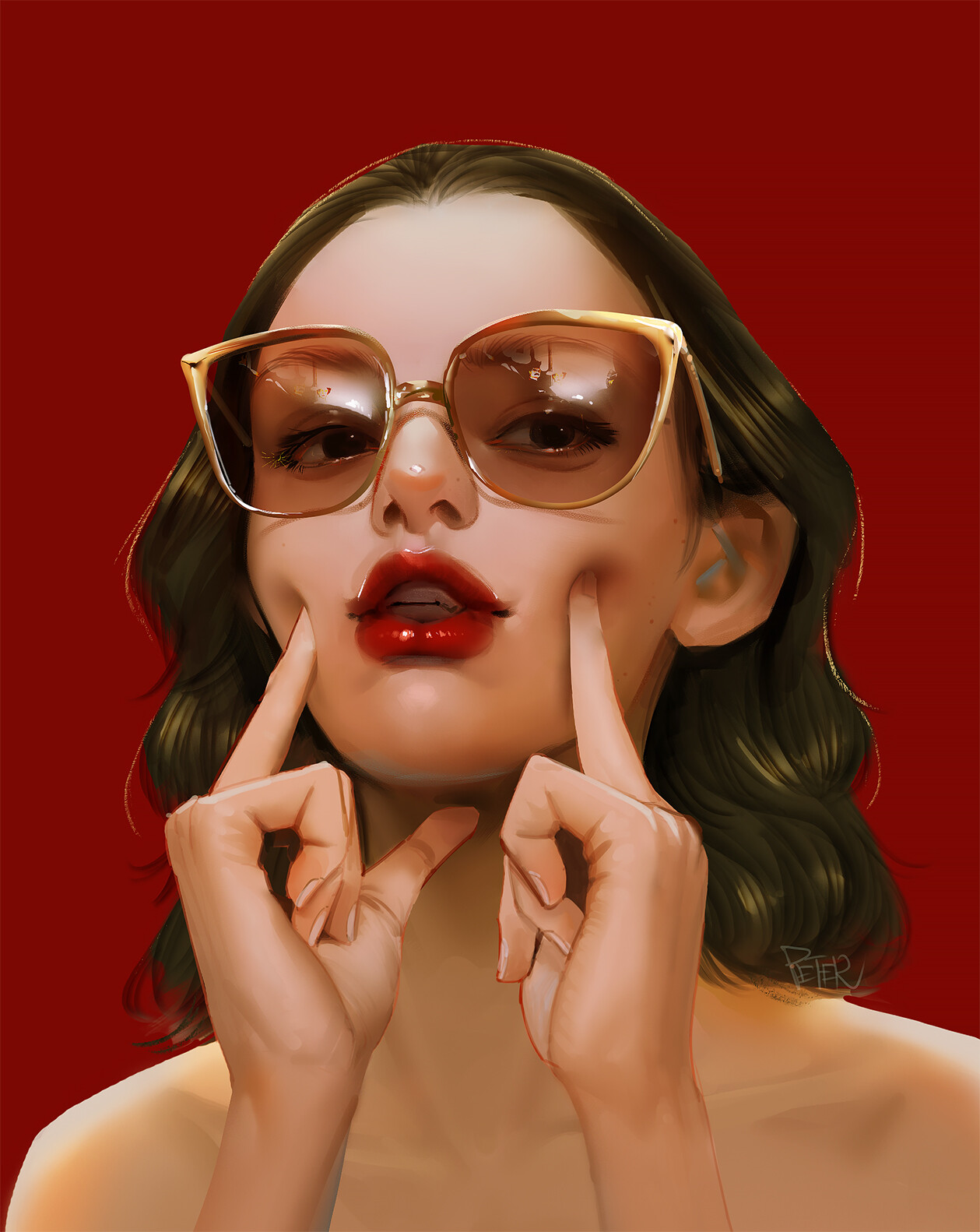 Peter Xiao Digital Digital Art Artwork Drawing Women Women With Glasses Glasses Short Hair Looking A 1259x1582
