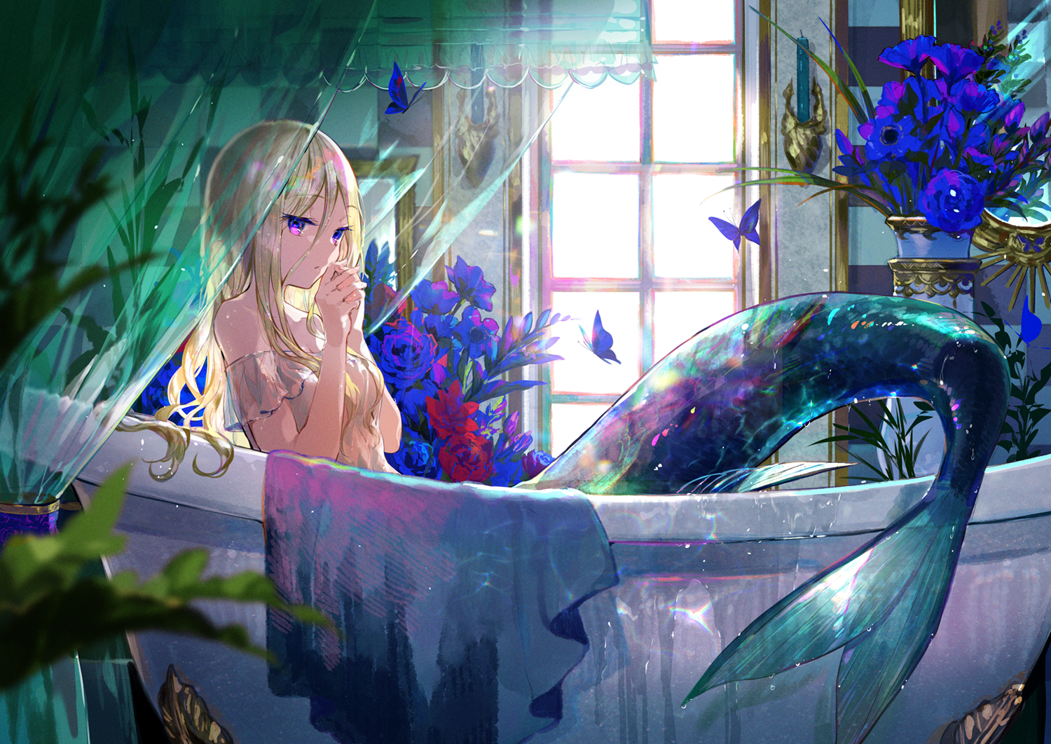 Anime Anime Girls Mermaids Bathtub Butterfly Flowers Looking At Viewer Window Curtains Tail Long Hai 1500x1062