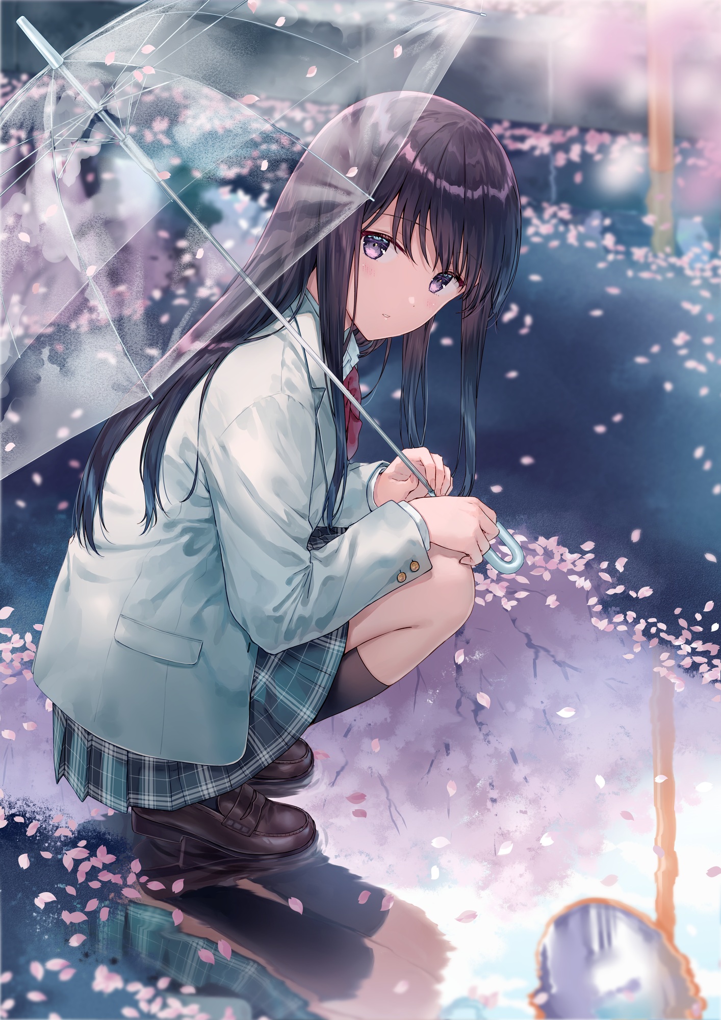 Anime Anime Girls Umbrella Petals Purple Hair Blue Eyes School Uniform Reflection Water 1414x2000