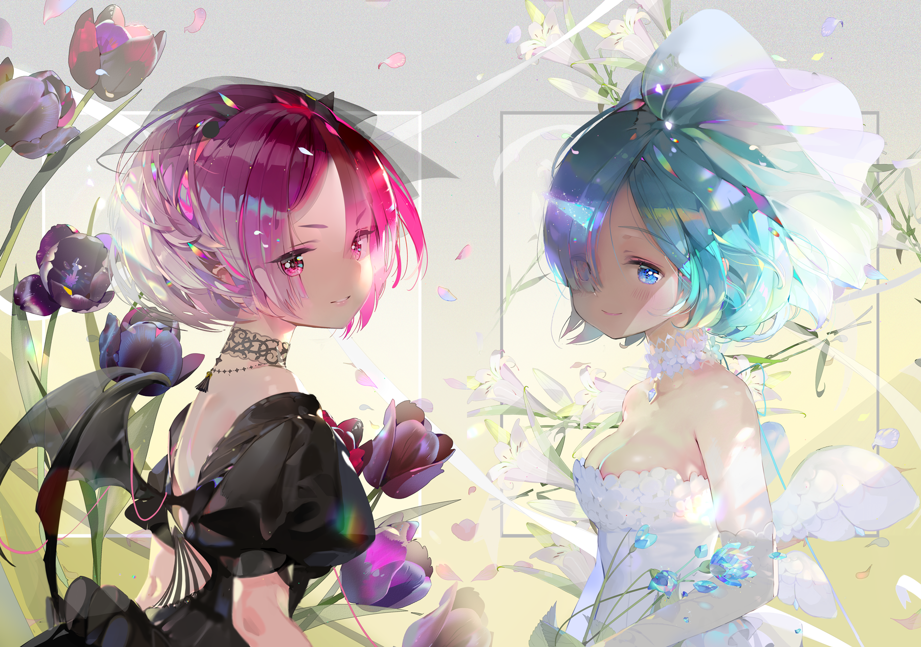 Anime Anime Girls Re Zero Kara Hajimeru Isekai Seikatsu Rem Re Zero Ram Re Zero Short Hair Blue Hair 1800x1265