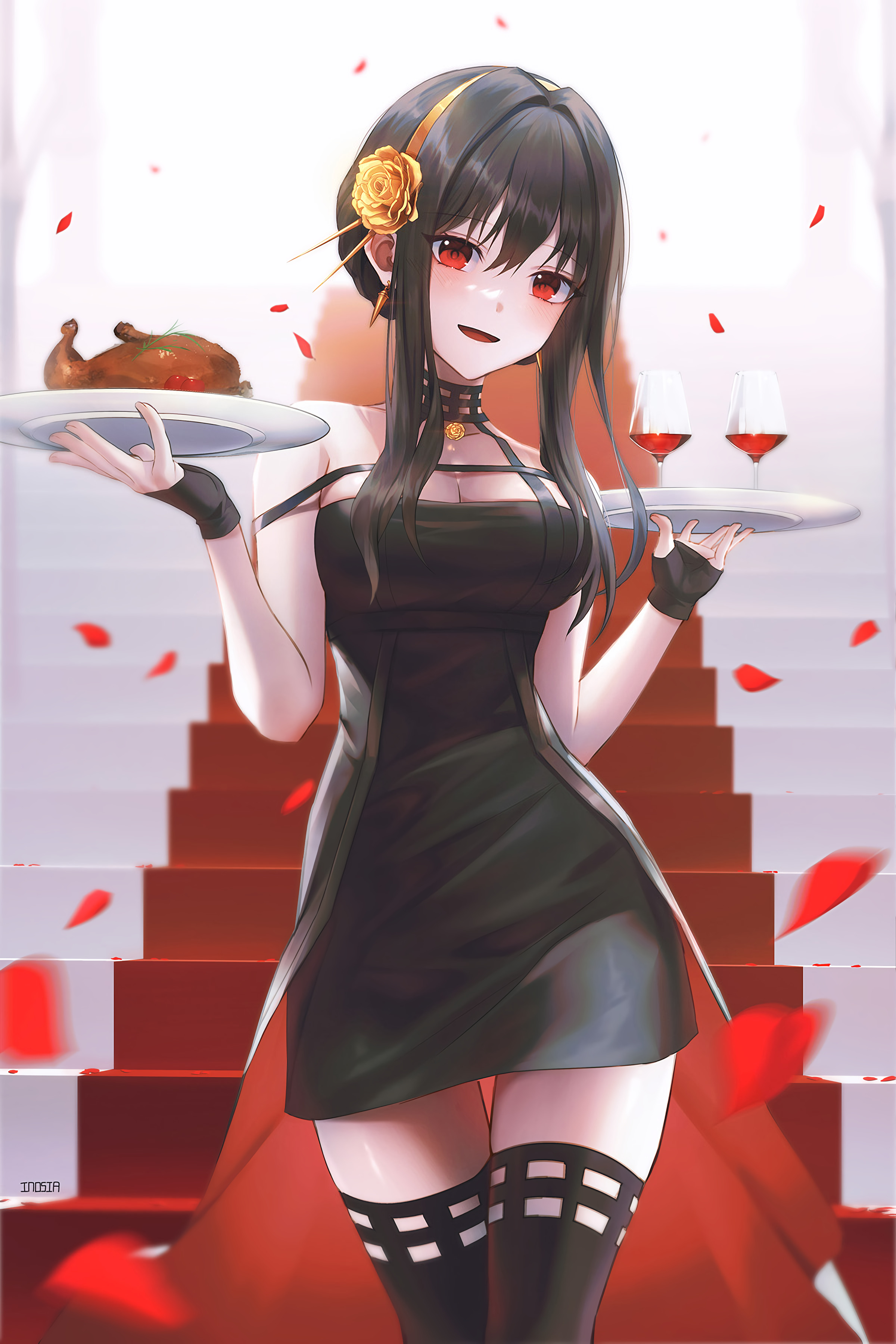 Anime Anime Girls Spy X Family Yor Forger Red Eyes Turkey Wine Glass Petals Stairs Black Hair 2400x3600