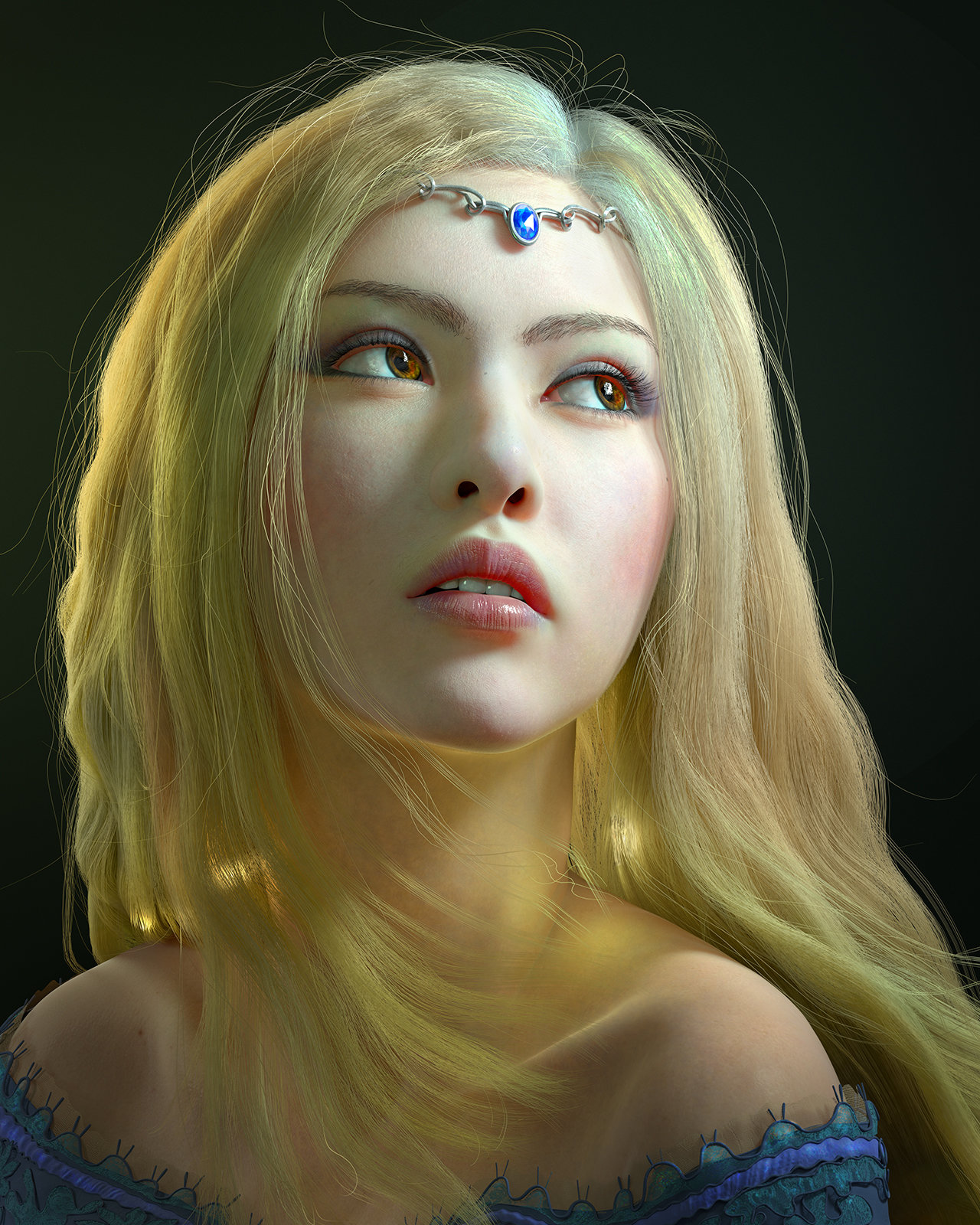 Qi Sheng Luo Women Artwork Digital Art Face Portrait Closeup Blonde Looking Away Dark Background Fan 1280x1600