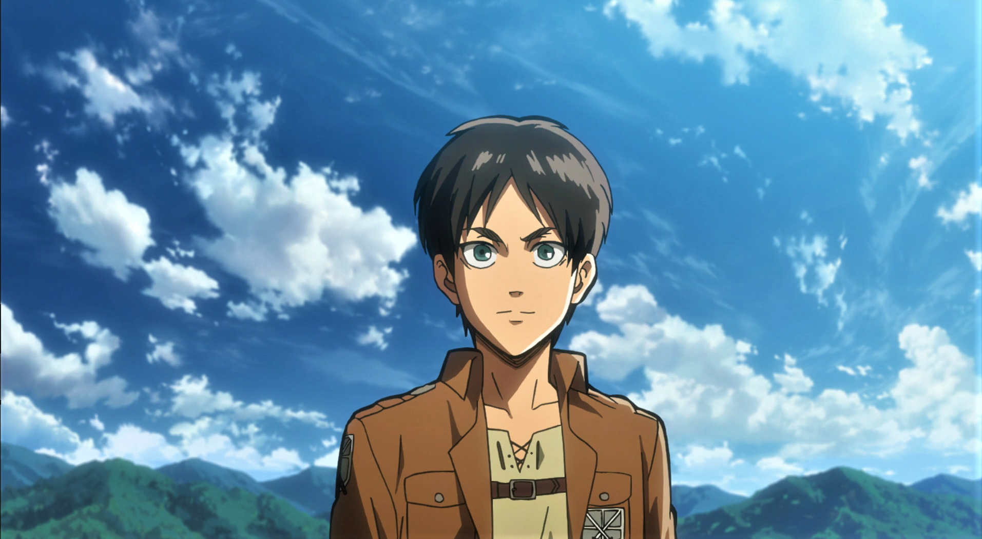 Shingeki No Kyojin Eren Jeager Sky Clouds Mountains Sunlight Scout Regiment Smiling Anime Anime Scre 1913x1051