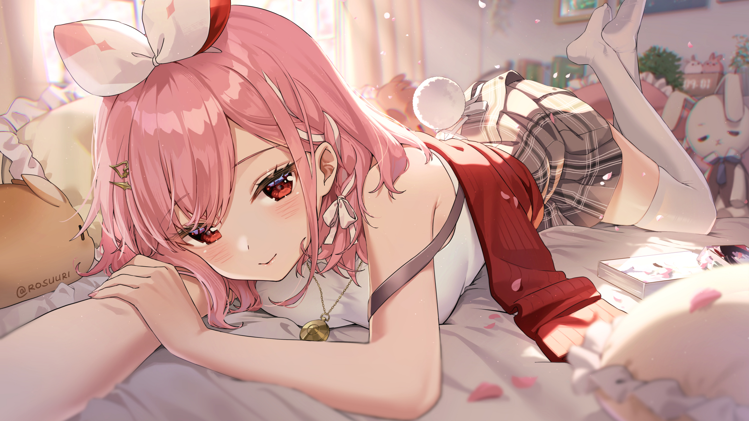 Anime Anime Girls Artwork Chill Out Pink Hair Skirt Stuffed Animal Rosuuri Looking At Viewer Lying D 2560x1440