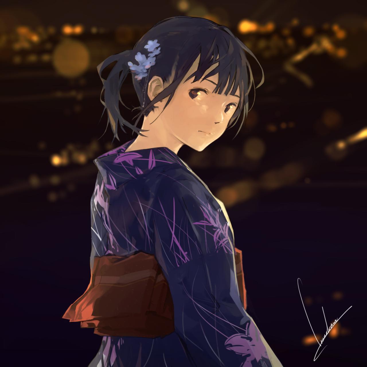 Loundraw Anime Girls Short Hair Japanese Kimono Kimono 1280x1280